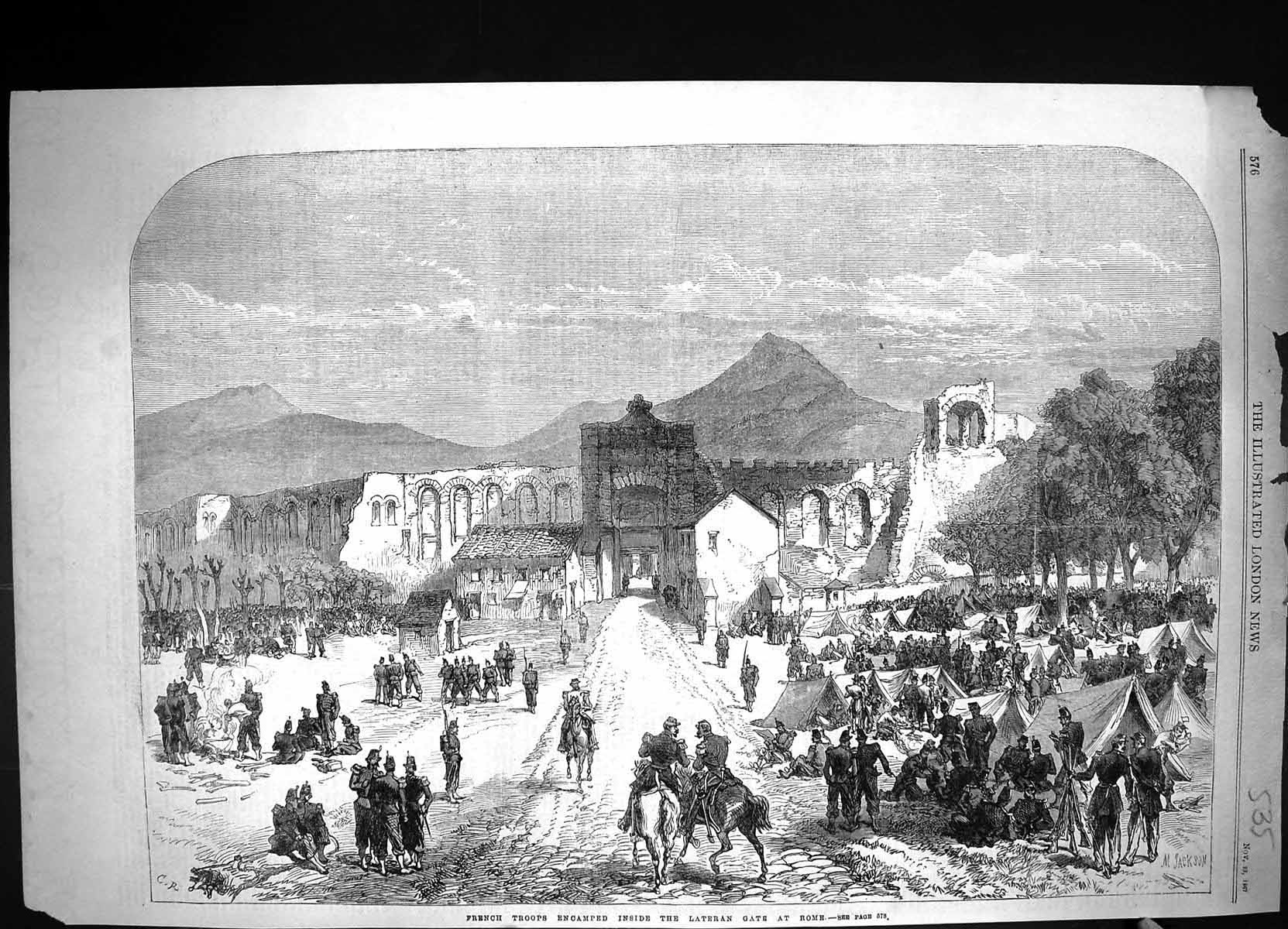Old Print 1867 War French Troops Encamped Inside Lateran Gate Rome Italy 19th