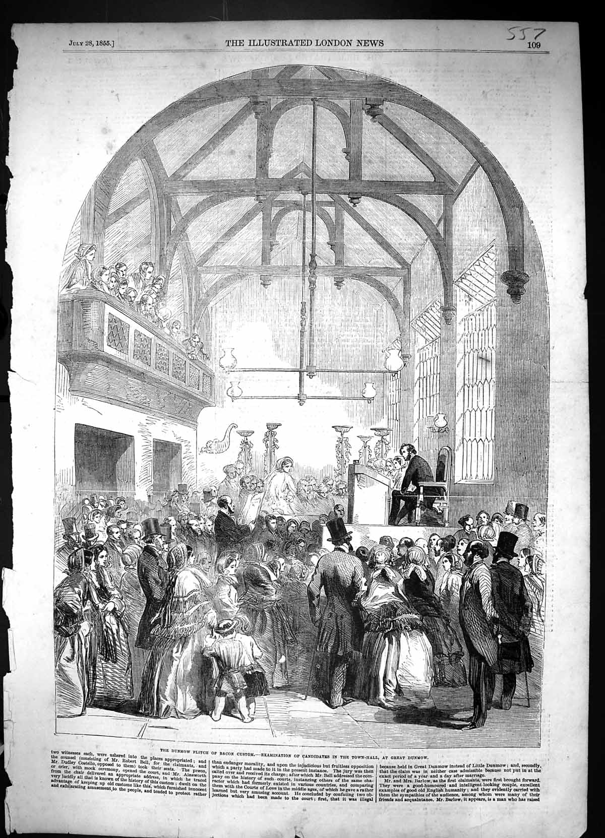 Old 1855 Great Dunmow Flitch Bacon Custom Examination Candidates Town Victorian
