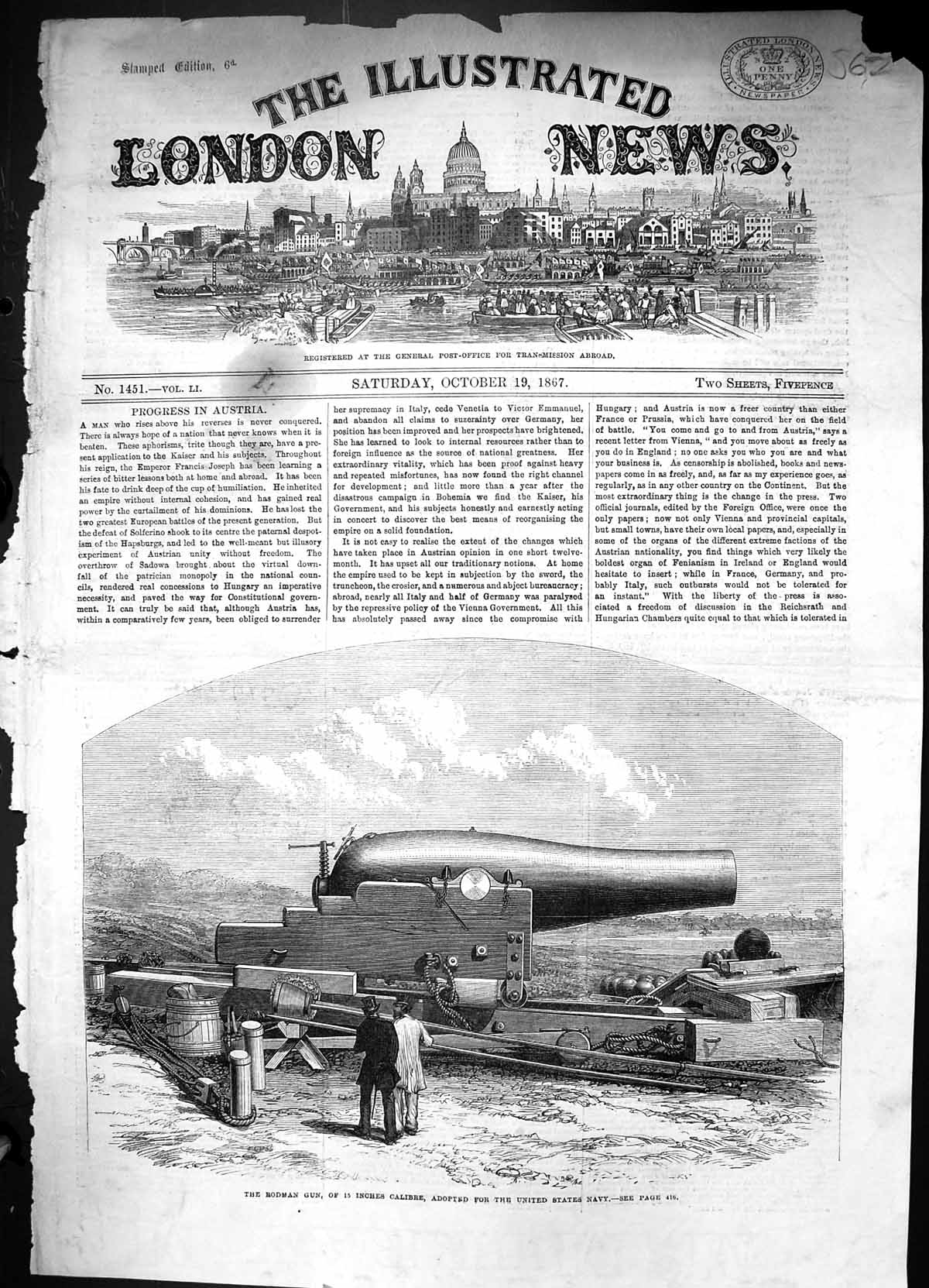 Antique Print 1867 Rodman Gun 15 Inches Calibre United States Navy America 19th