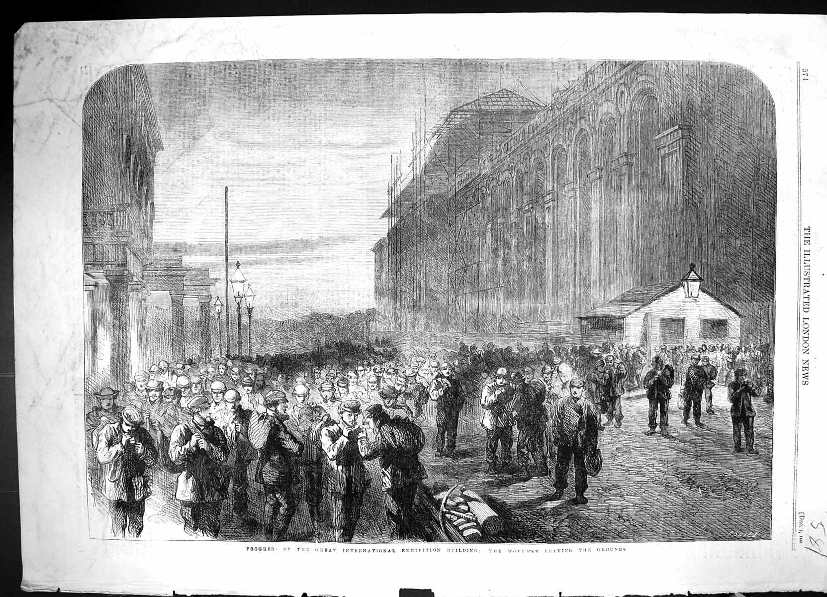 Old 1861 Progress Great International Building Workmen Leaving Ground Victorian