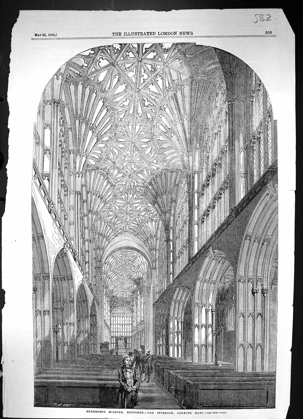 Old Antique Print 1858 Interior Sherborne Minster Restored Architecture 19th