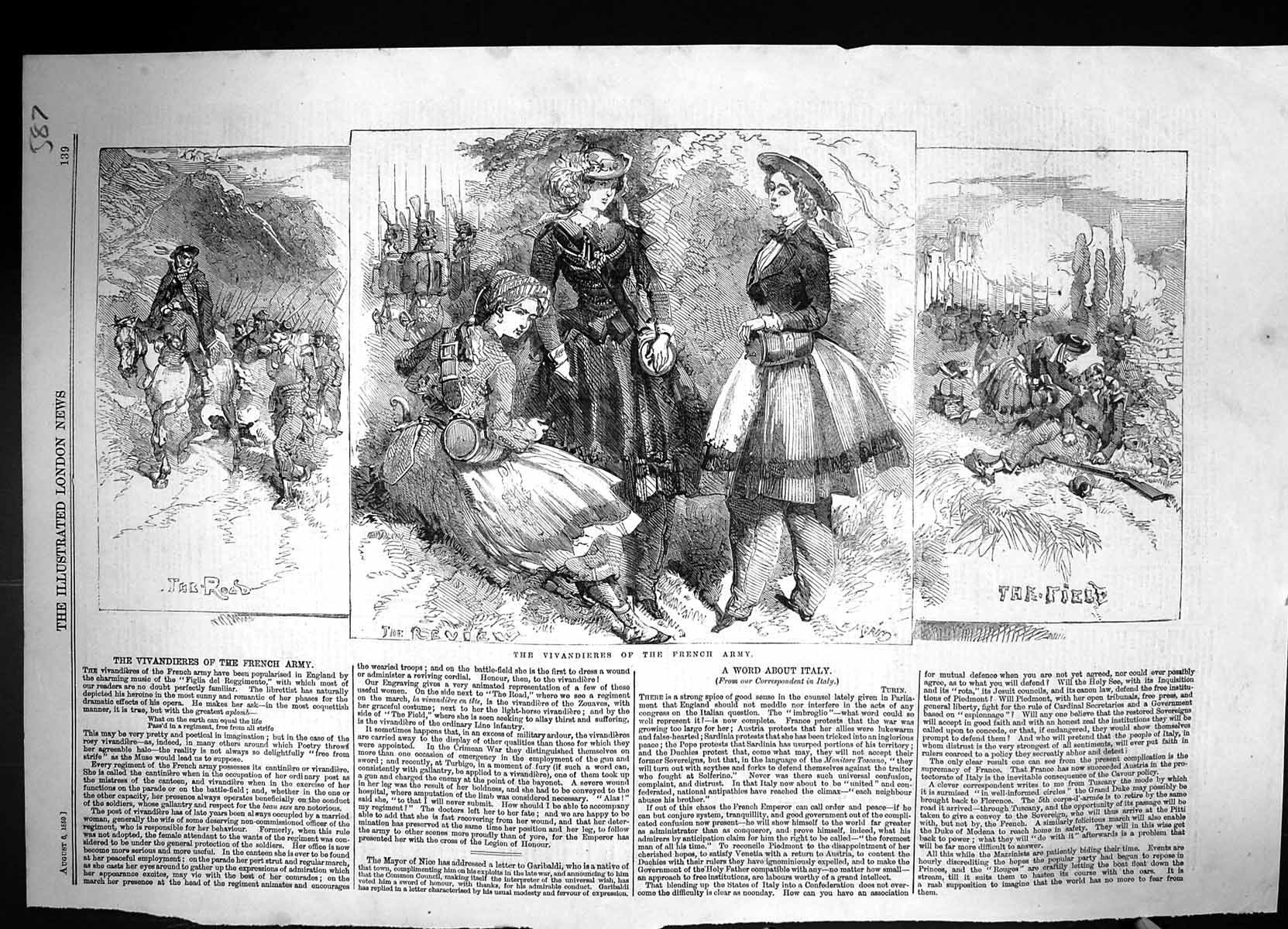 Original Old Antique Print 1859 Vivandieres French Army Siers War Ladies 19th