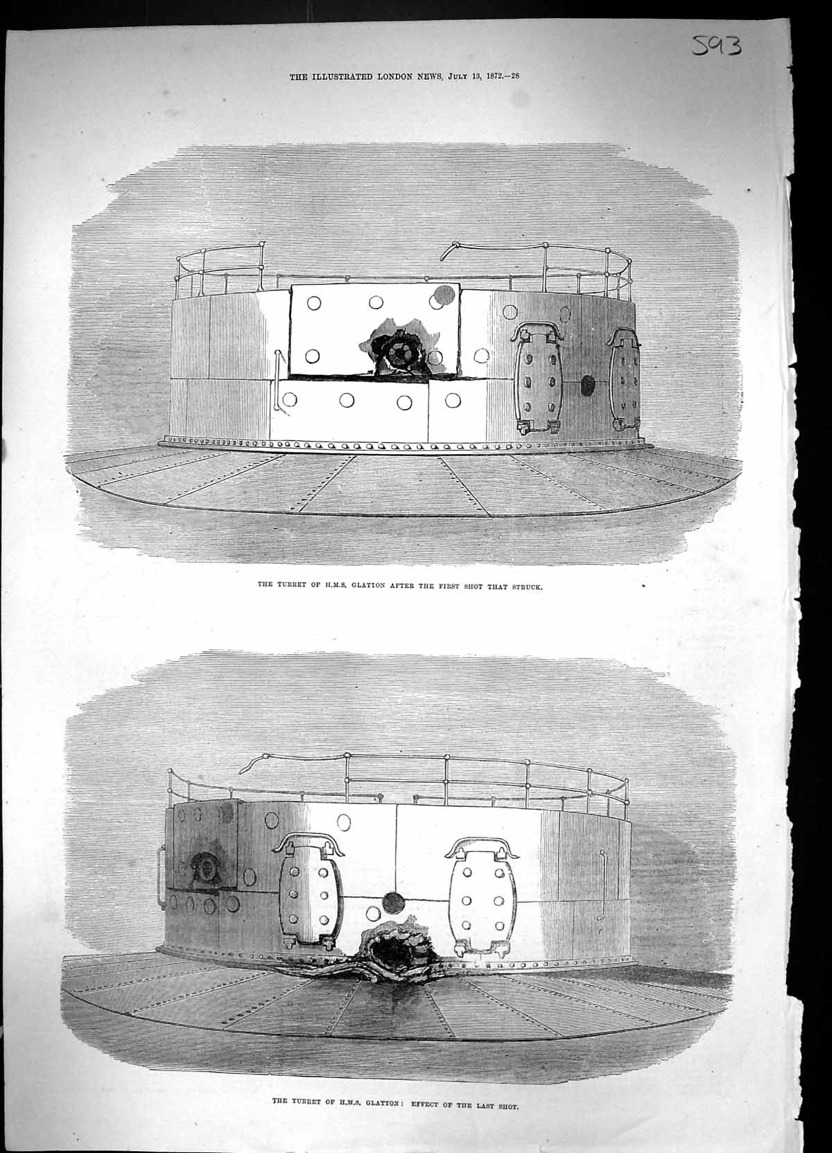 Old Antique Print 1872 Turret H.M.S. Glatton Bullet Holes Shot War Ship 19th