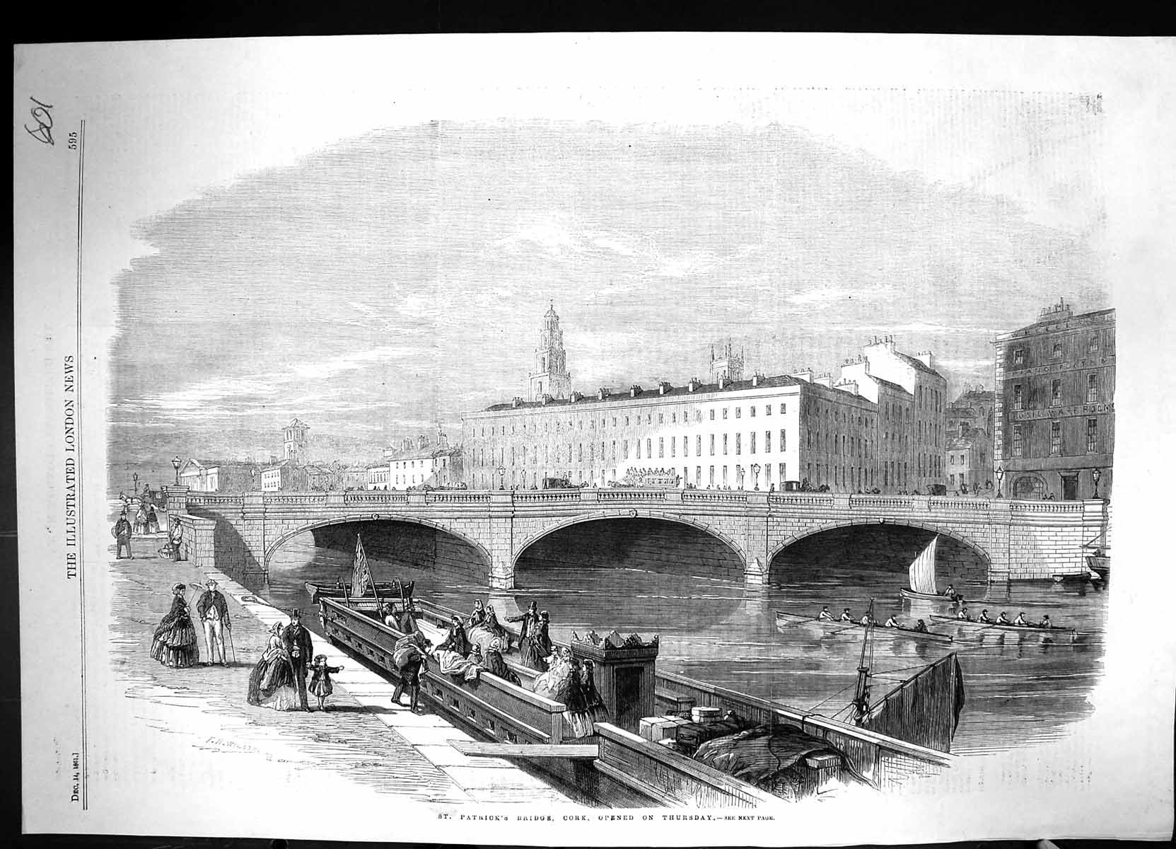 Old 1861 View St. Patrick'S Bridge Cork Ireland River Boat Buildings Victorian