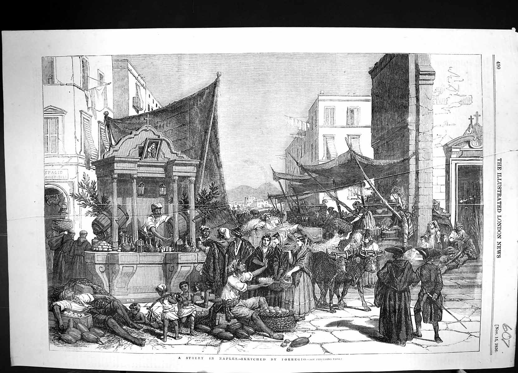 Antique Print 1856 Street Scene Naples Italy Market Fruit Sellers Forregio 19th