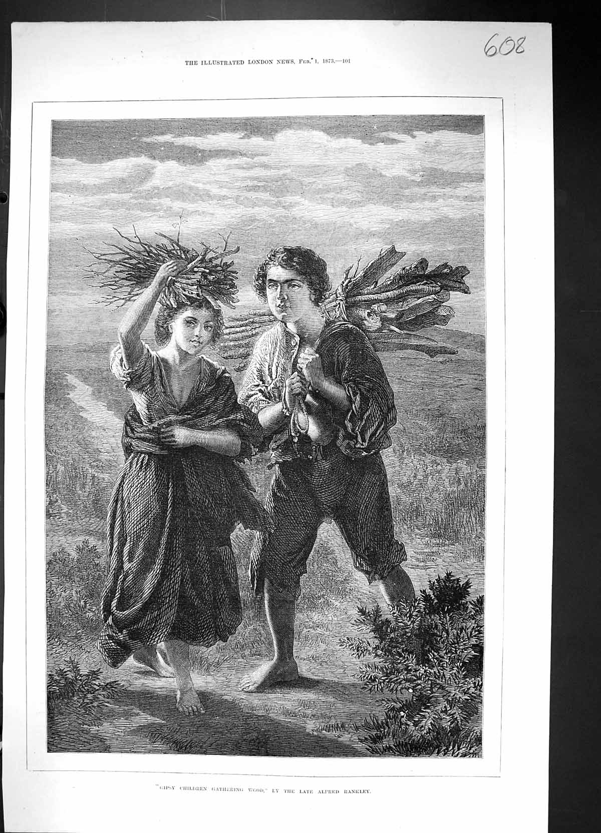 Original Old Antique Print 1873 Gipsy Children Gathering Wood Alfred Rankley