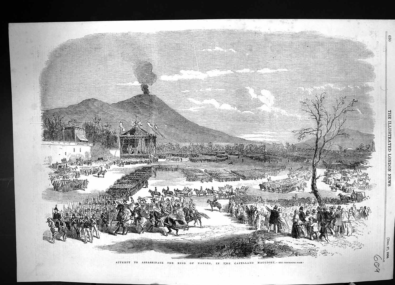 Antique Print 1856 Attempt Assassinate King Naples Capellano Maggiore Italy