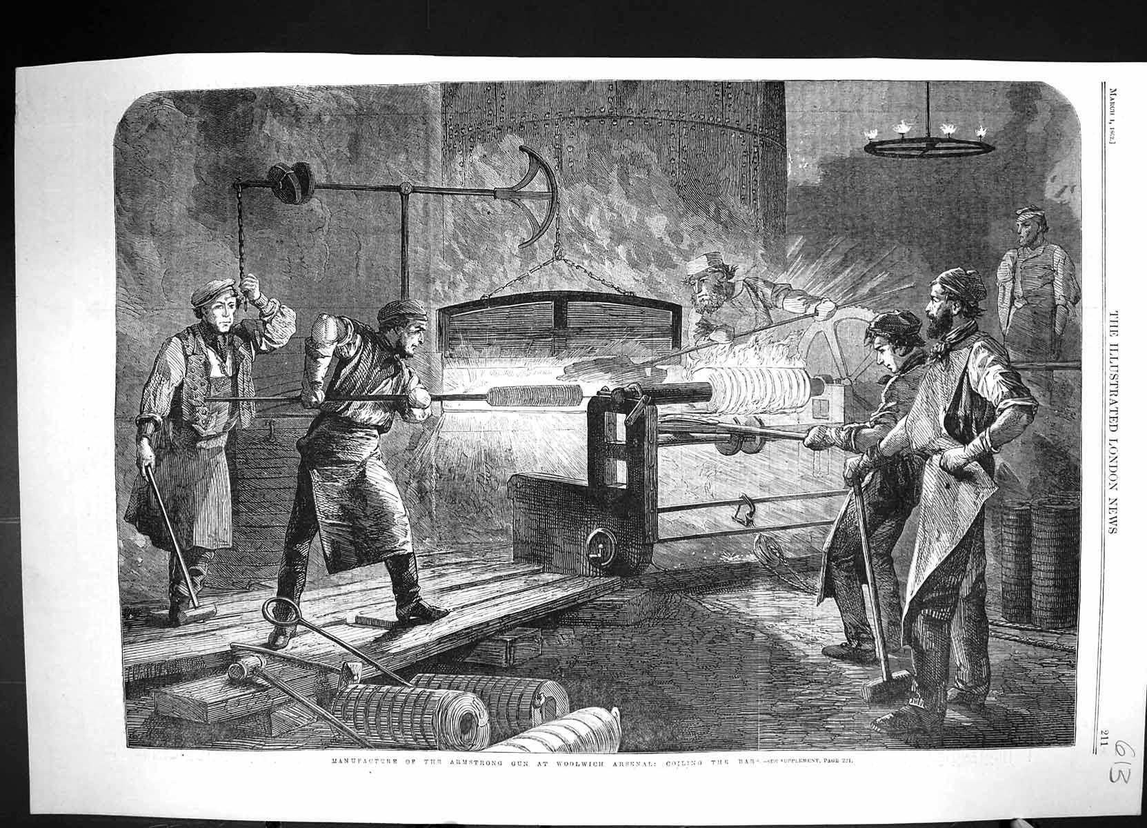 Antique Print 1862 Manufacture Armstrong Gun Woolwich Arsenal Coiling Bars 19th