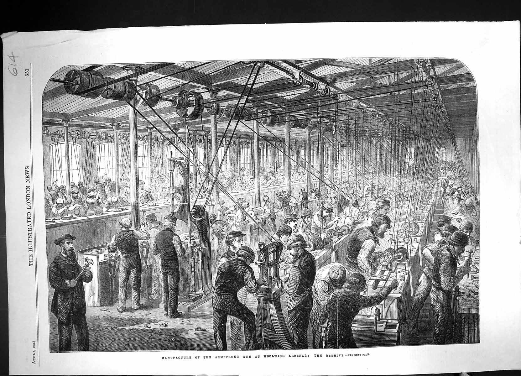 Old Print 1862 Manufacture Armstrong Gun Woolwich Arsenal Beehive Workers 19th