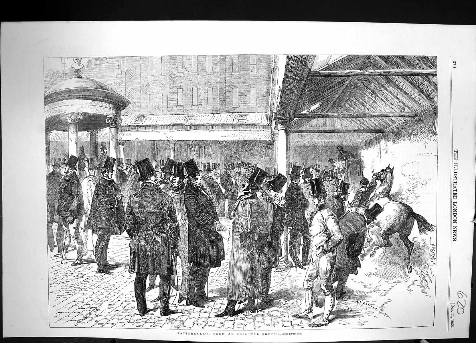 Original Old Antique Print 1856 Tattersall Horse Sale Auction Men Victorian