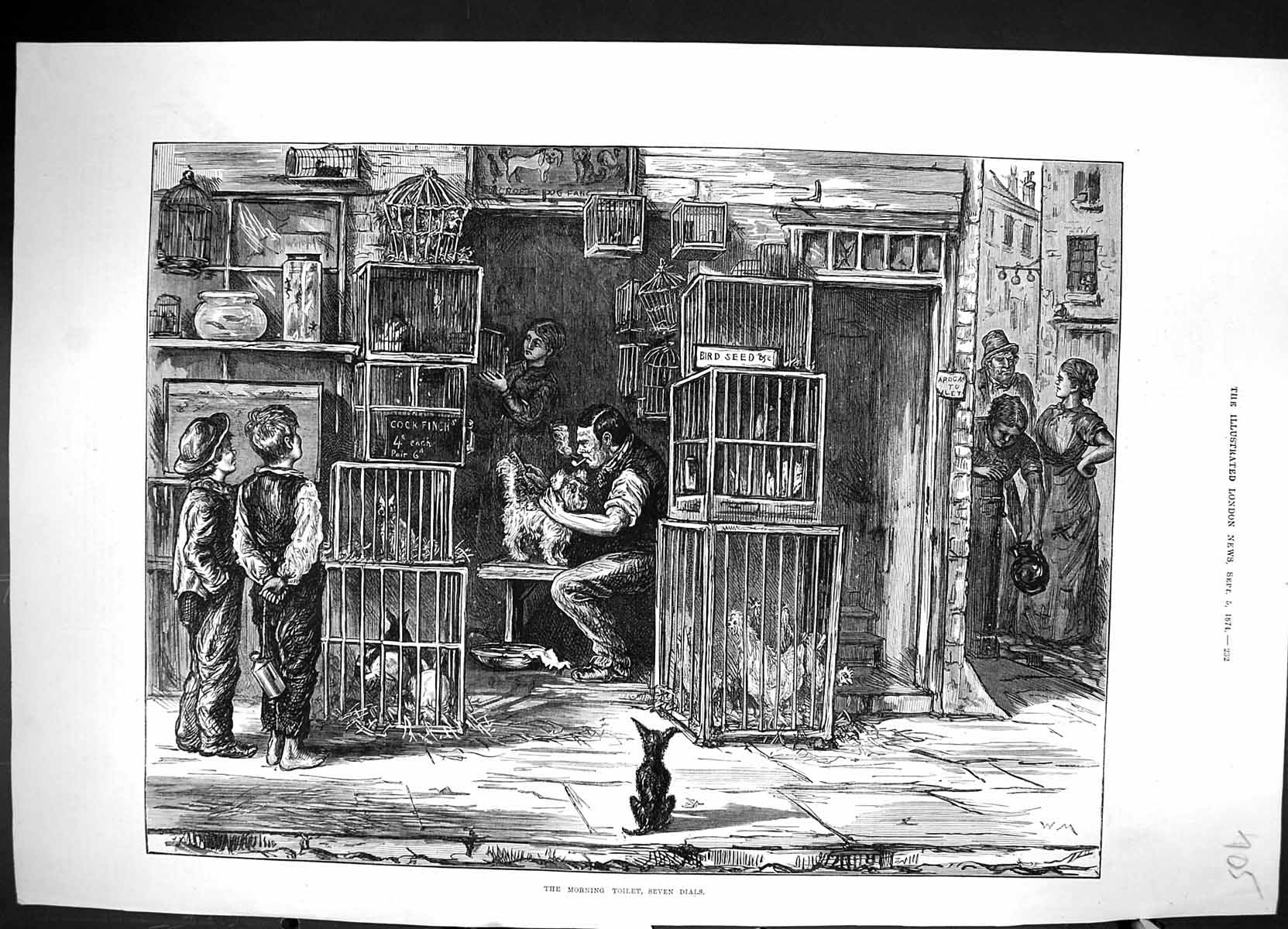 Old 1874 Morning Toilet Seven Dials Pets Dog Rabbit Chickens Fine Art Victorian