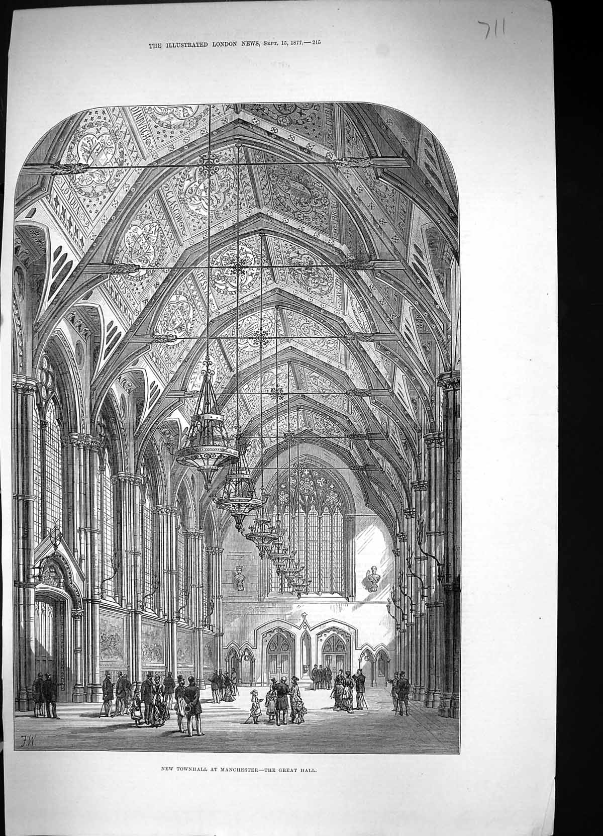Antique Old Print 1877 Interior Architecture Townhall Manchester Great Hall