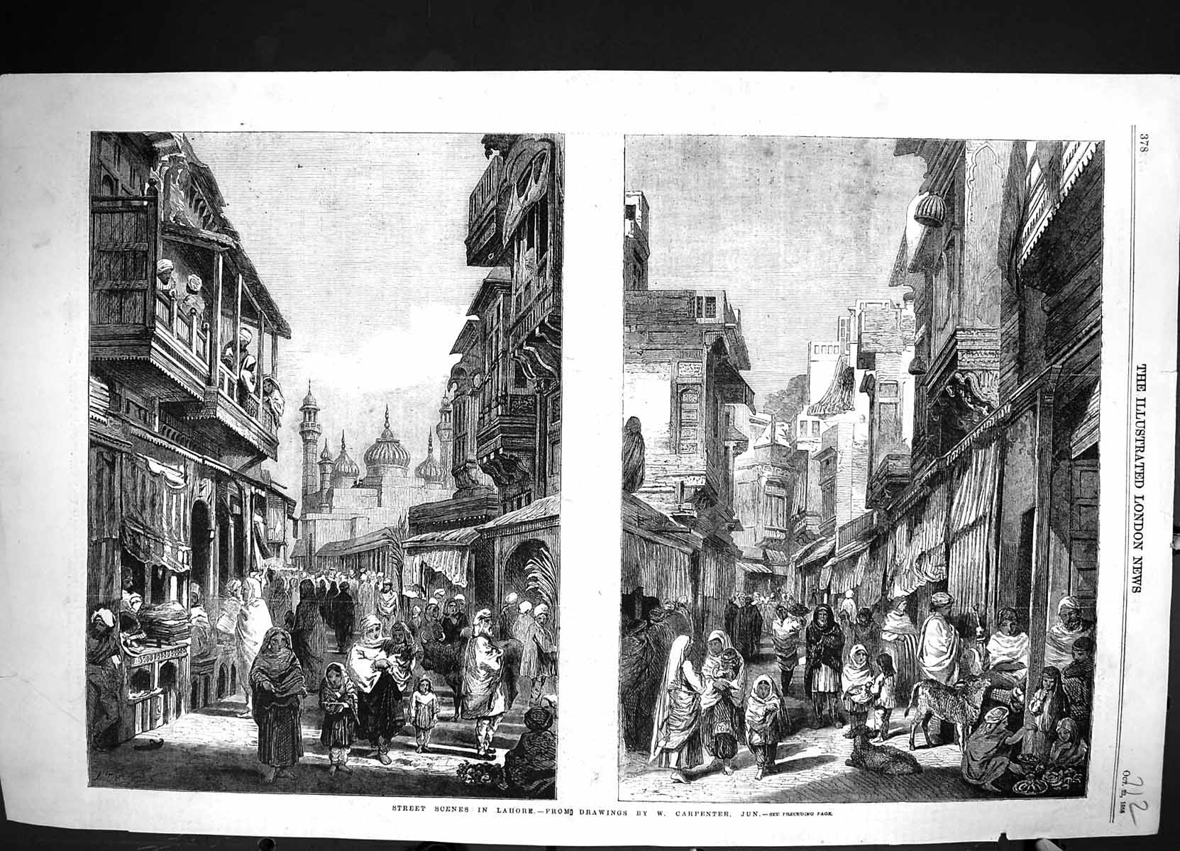 Old Antique Print 1858 Street Scene Lahore India People Houses Carpenter 19th