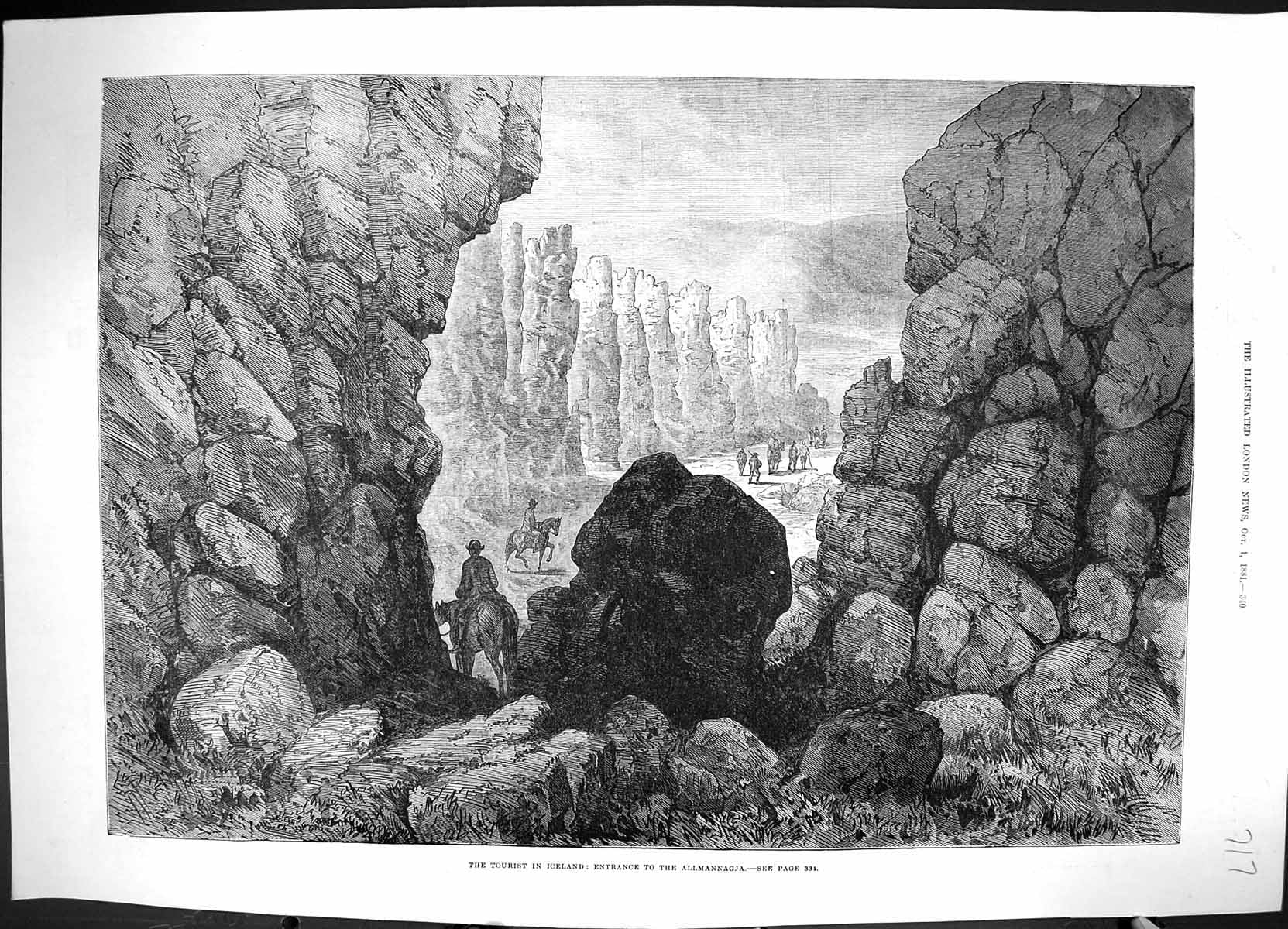 Antique Old Print 1881 Tourist Iceland Entrance Allmannagja Rocks Fine Art 19th