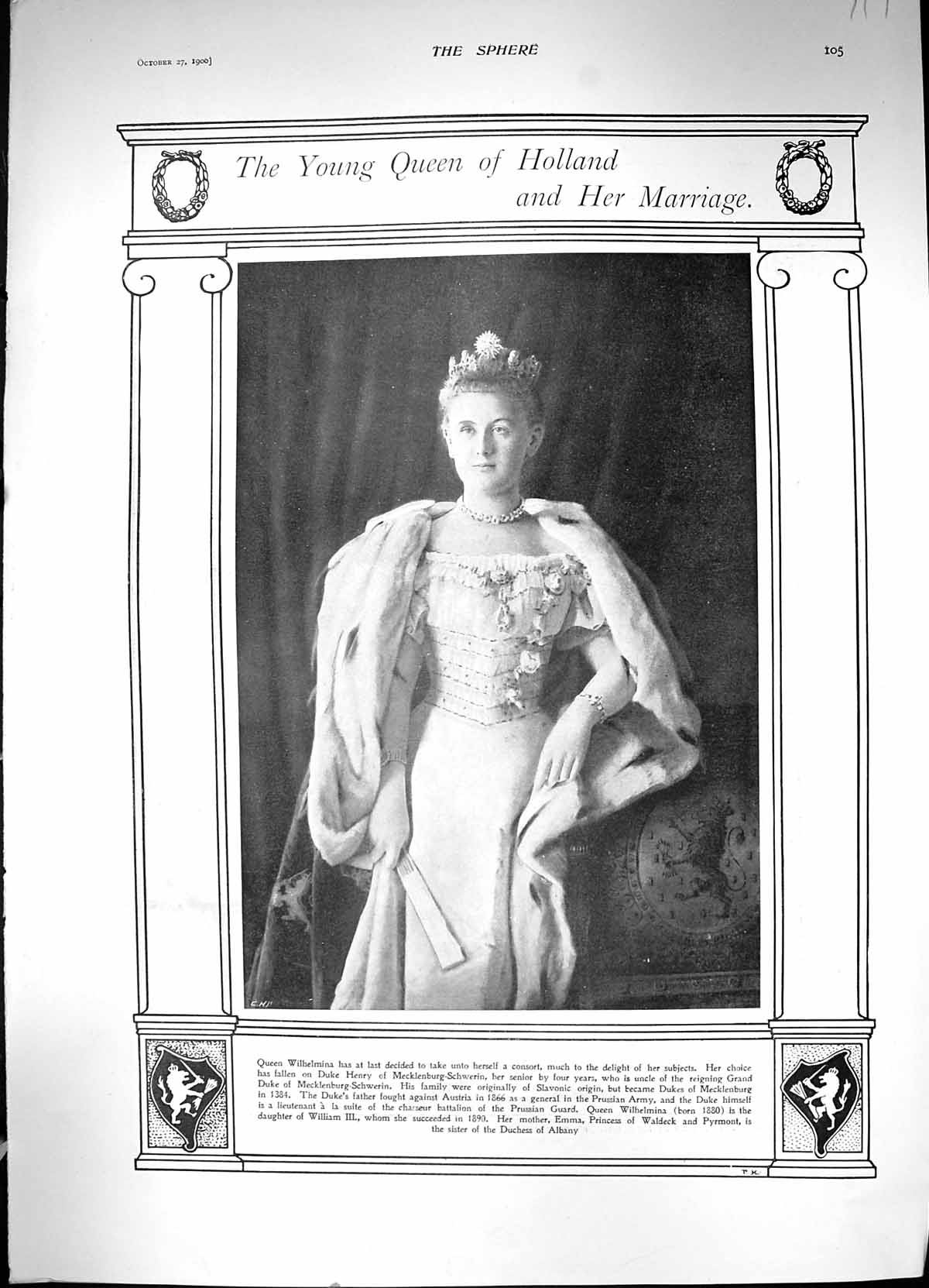 Old Antique Print 1900 Photograph Young Queen Holland Wilhelmina Portrait 20th
