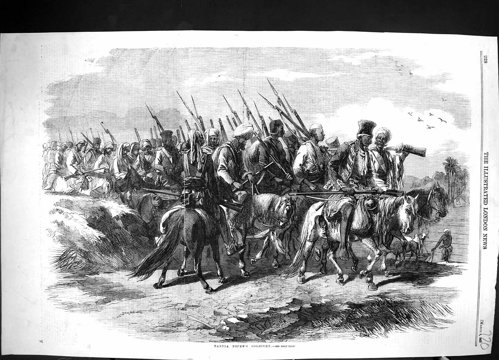 Old Antique Print 1859 War Scene Tantia Topee Siery Siers Horses Weapons 19th