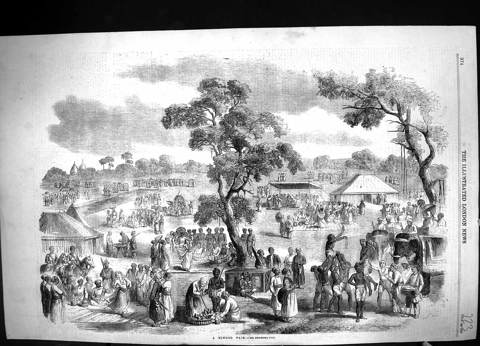 Original Old Antique Print 1858 Scene Hindoo Fair Natives India Entertainment