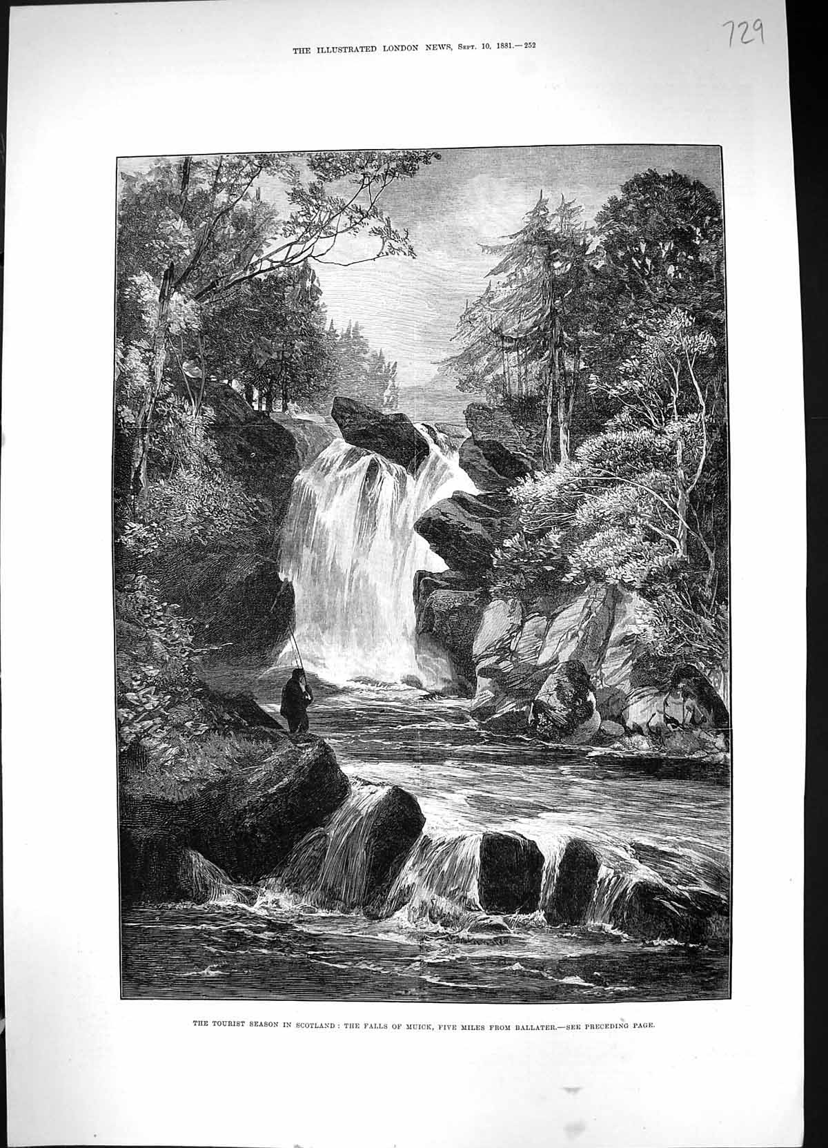 Old 1881 Tourist Season Scotland Falls Muick Ballater River Man Fishi Victorian