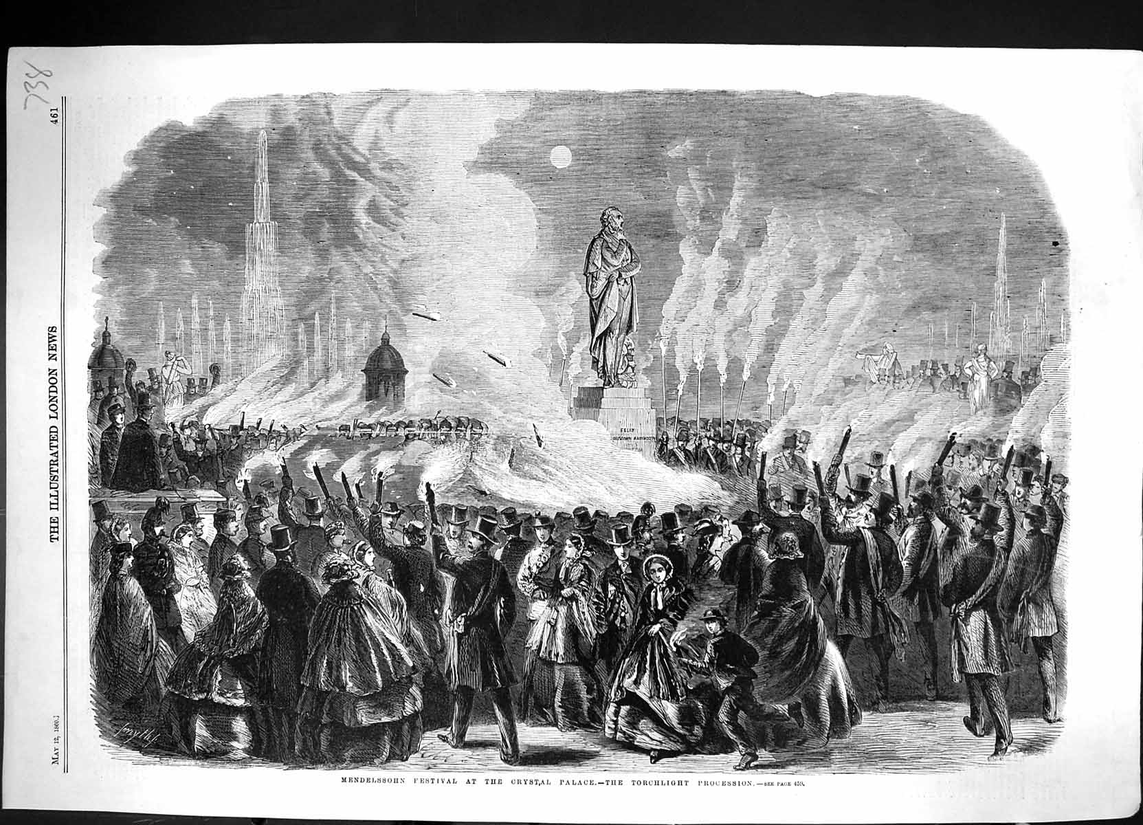 Old Print 1860 Mendelssohn Festival Crystal Palace Torchlight Procession 19th