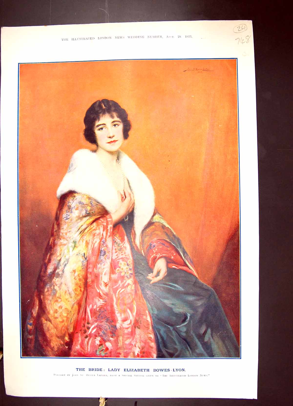 Antique Old Print 1923 Colour Royal Wedding Lady Elizabeth Bowes-Lyon Bride