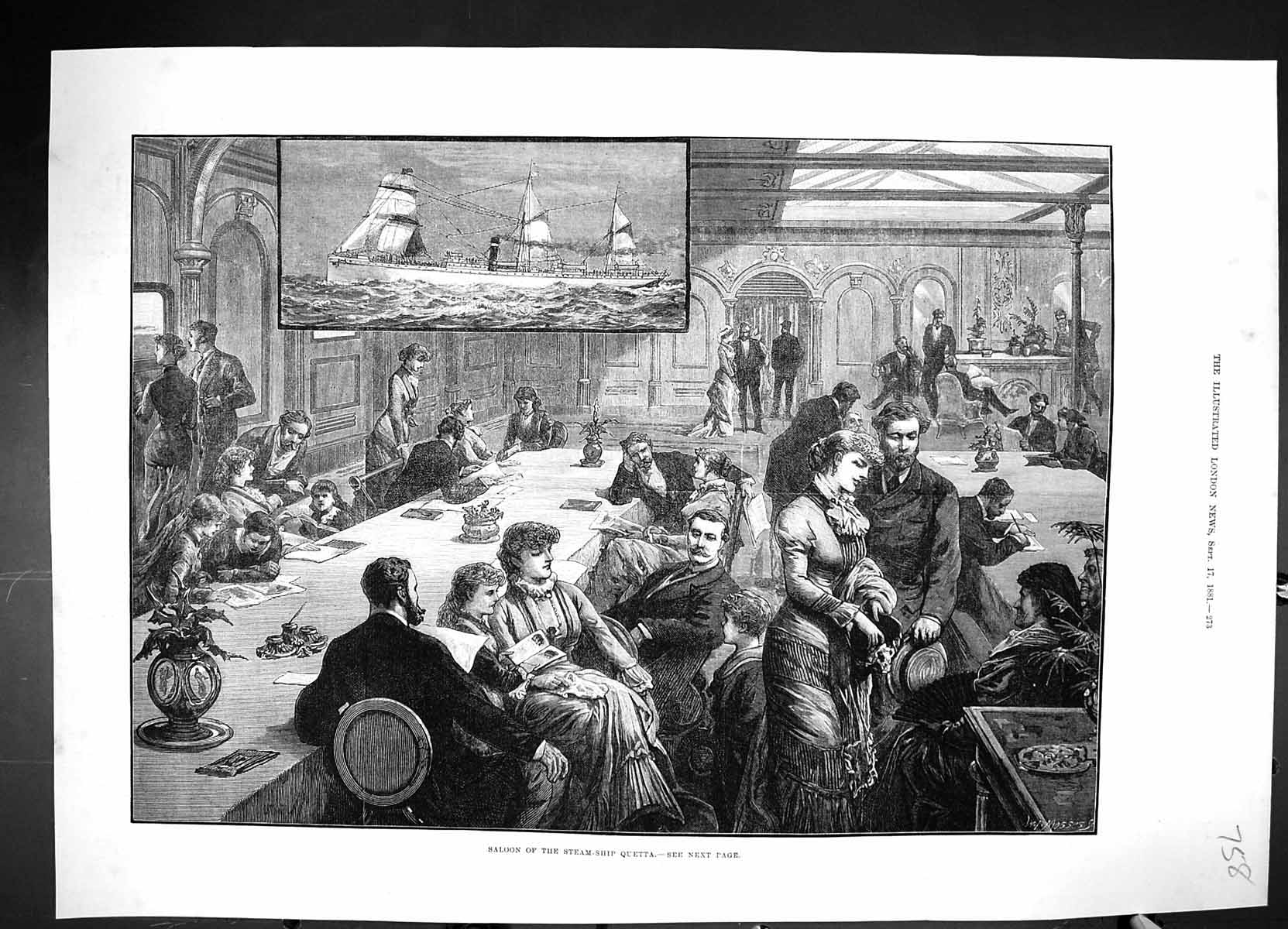 Antique Old Print 1881 Interior Saloon Steam Ship Queta Passengers Fine Art