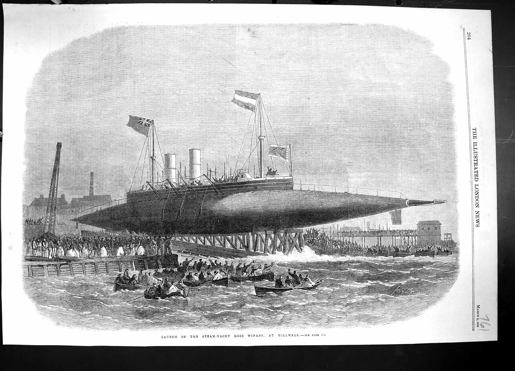 Original Old Antique Print 1866 Launch Steam Ship Ross Winans Millwall Boats