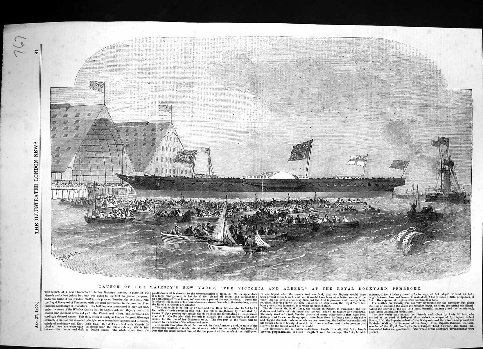 Old 1855 Launch Steam Yacht Ship Victoria Albert Royal Dockyard Pembr Victorian