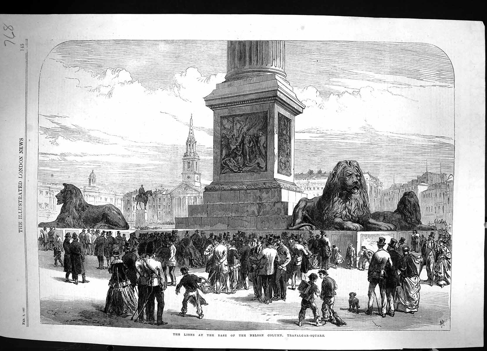 Antique Print 1867 Statue Lions Base Nelson Column Trafalgar Square London 19th