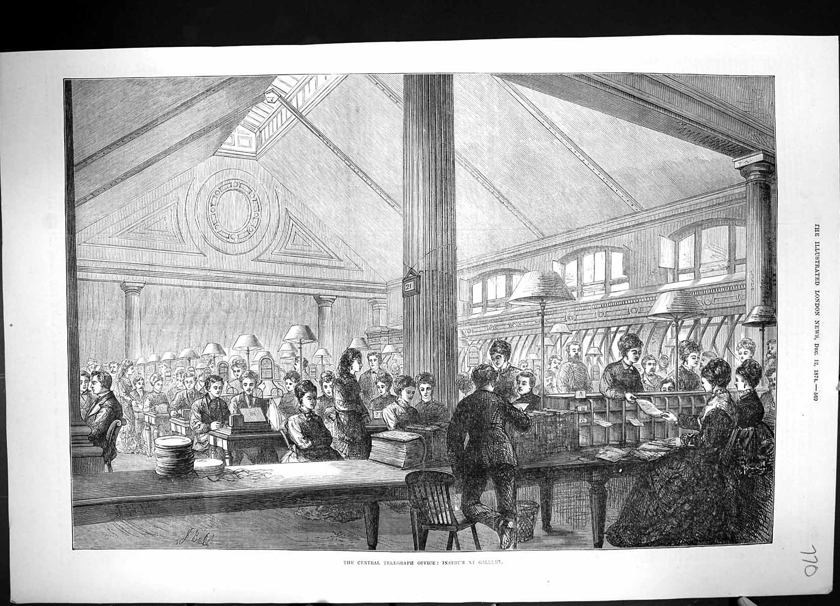 Antique Old Print 1874 Interior Central Telegraph Office Instrument Gallery