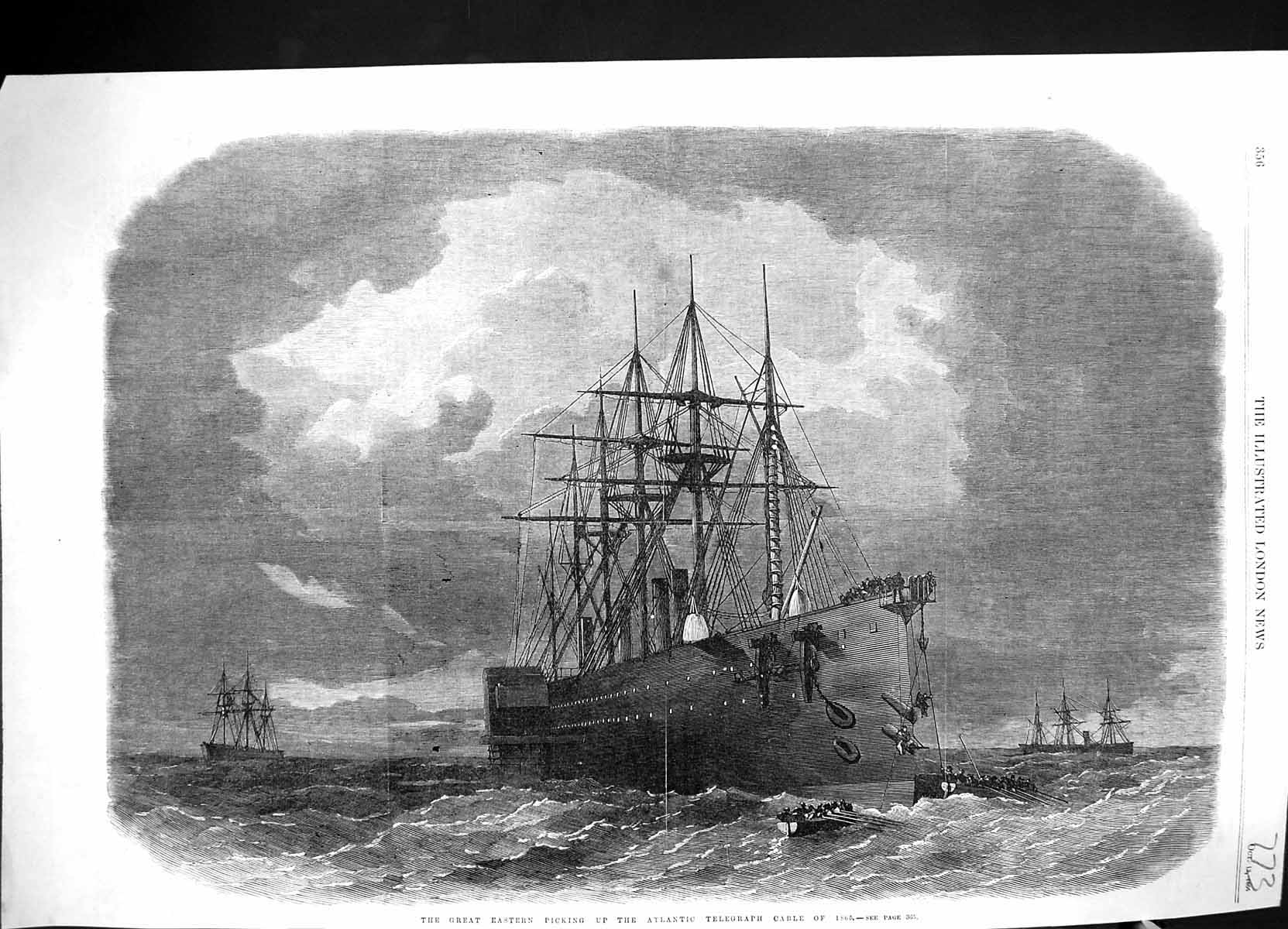 Old 1866 Great Eastern Ship Picking Atlantic Telegraph Cable Fine Art Victorian