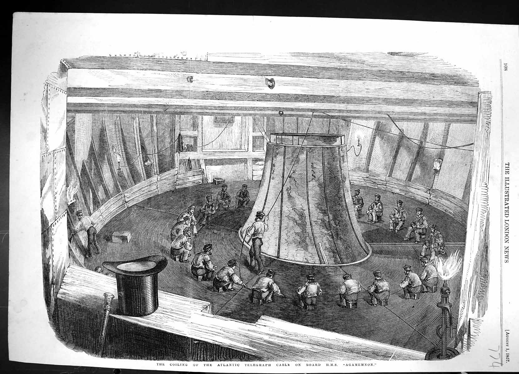 Antique Old Print 1857 Coiling Atlantic Telegraph Cable Ship H.M.S. Agamemnon