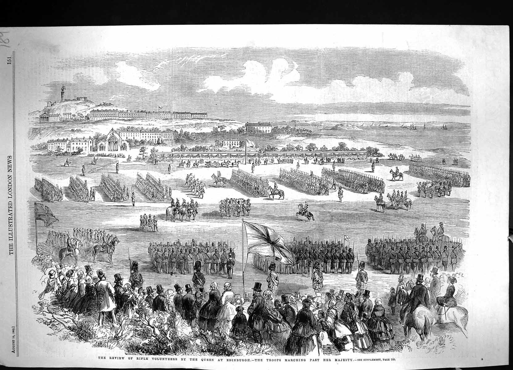Antique Print 1860 Review Rifle Volunteers Queen Edinburgh Siers Marching 19th
