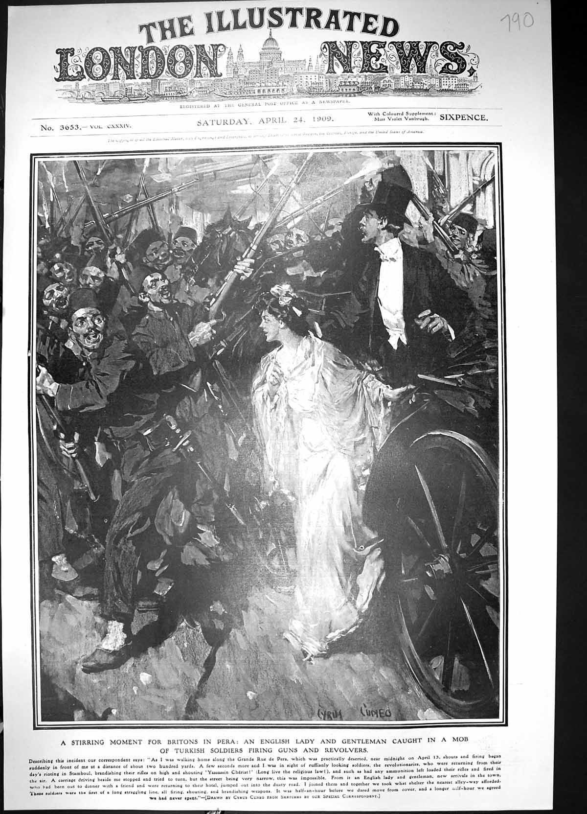 Antique Print 1909 English Lady Man Mob Turkish Siers Firing Guns Revolvers