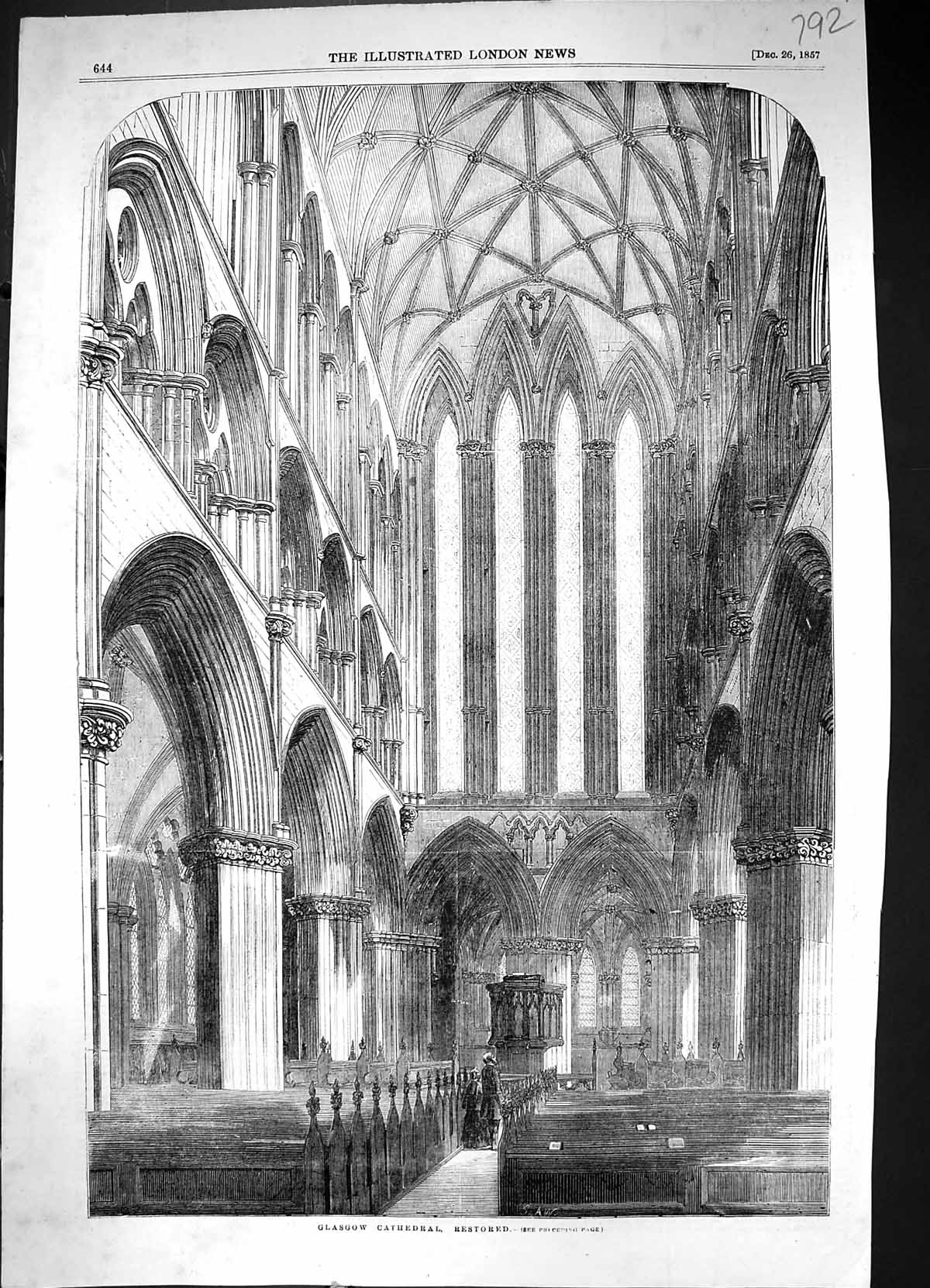 Old Antique Print 1857 Interior Glasgow Cathedral Architecture Scotland 19th