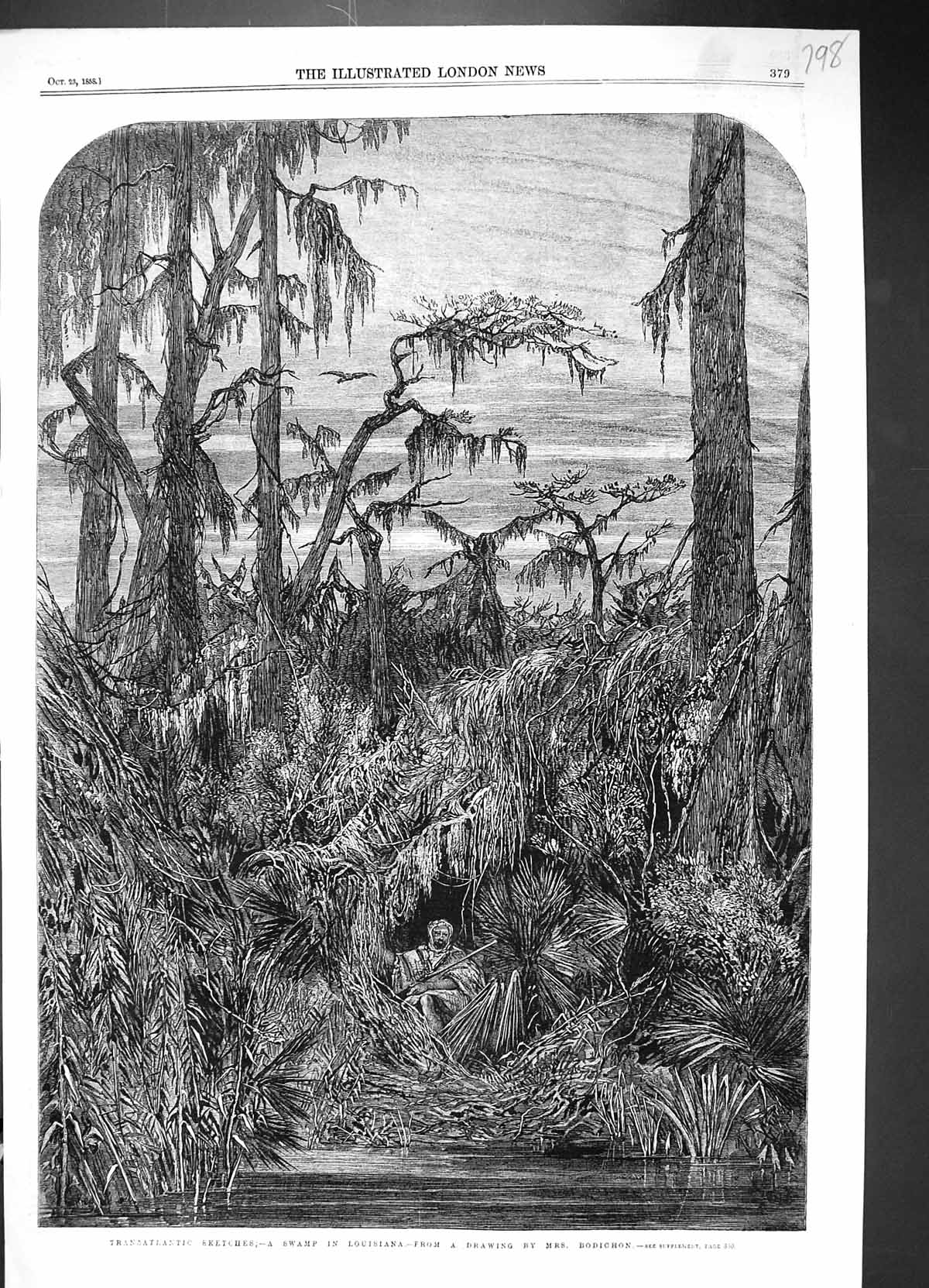 Old Antique Print 1858 Fine Art Swamp Louisiana Native Man Trees Bodichon 19th