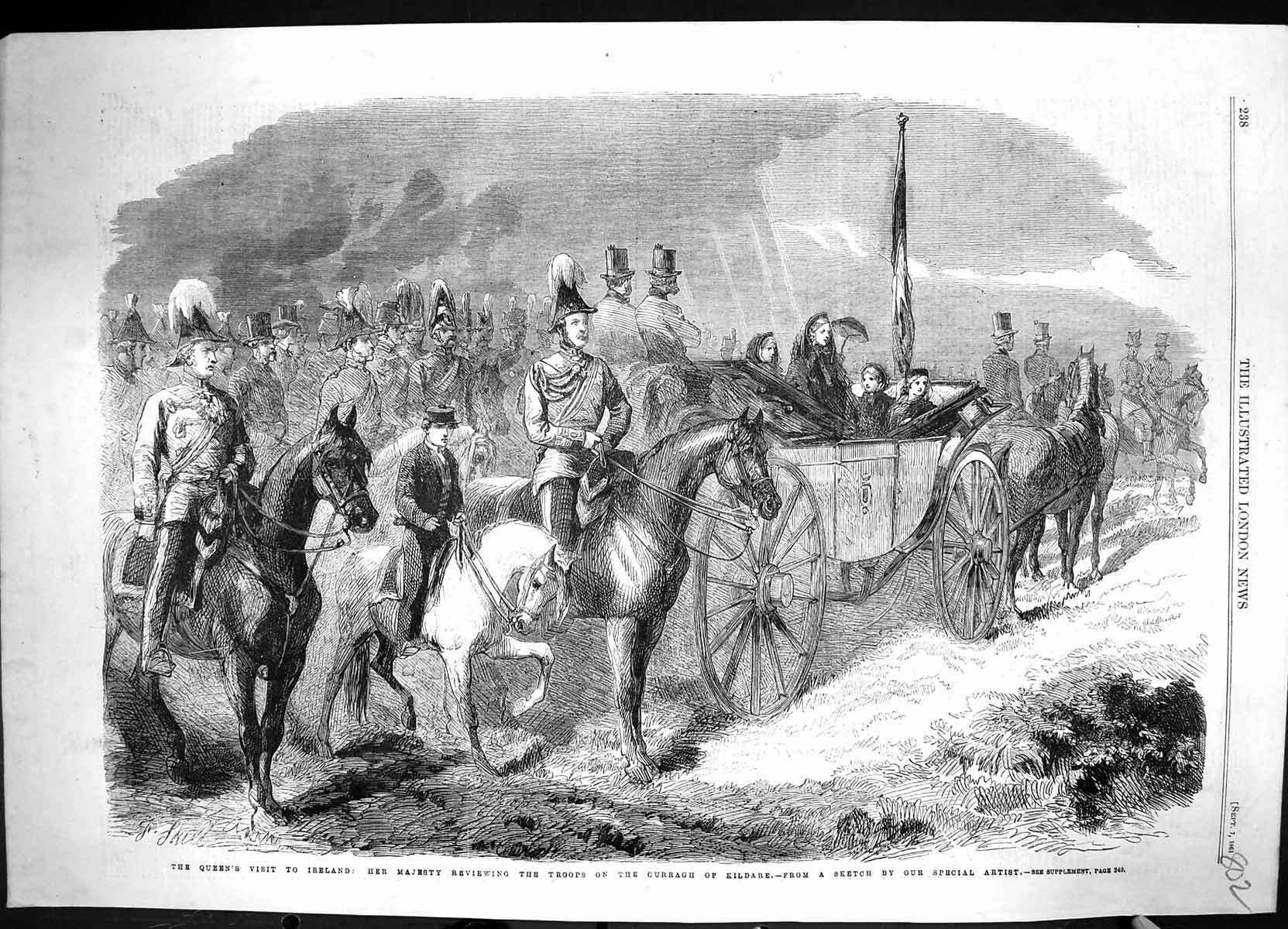 Old Print 1861 Queen Ireland Reviewing Troops Curragh Kildare Siers Carr 19th