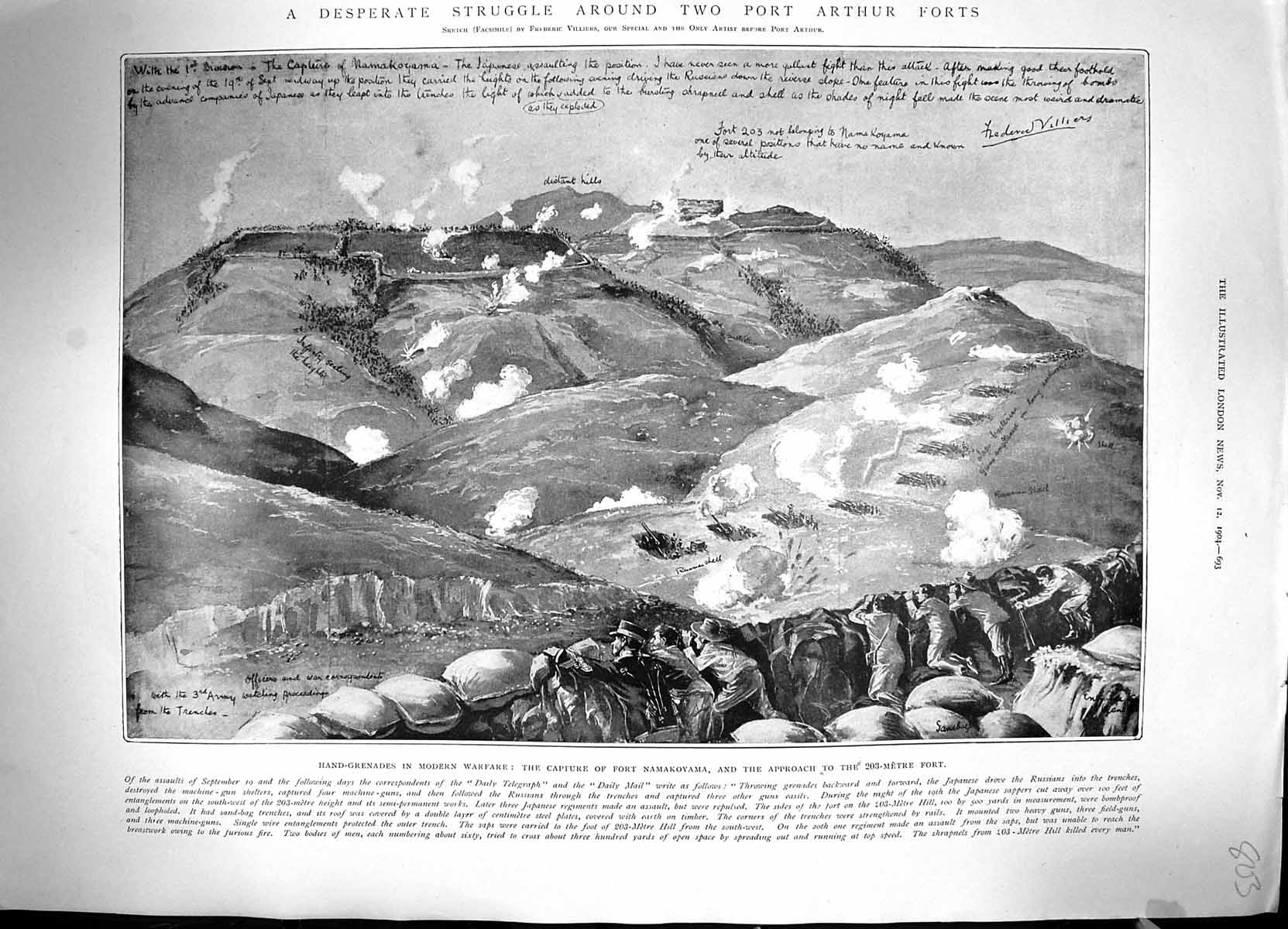 Antique Print 1904 Port Arthur Forts Hand-Grenades Capture Namakoyama Siers
