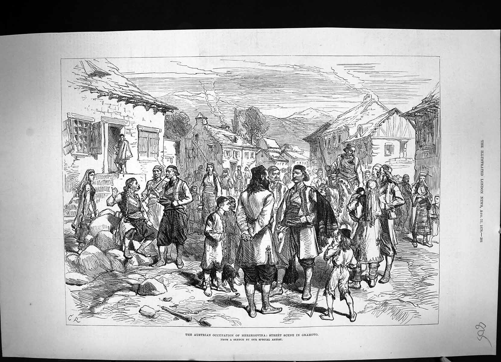 Old Print *6108 1878 Austrian Occupation Herzegovina Street Scene Grahovo