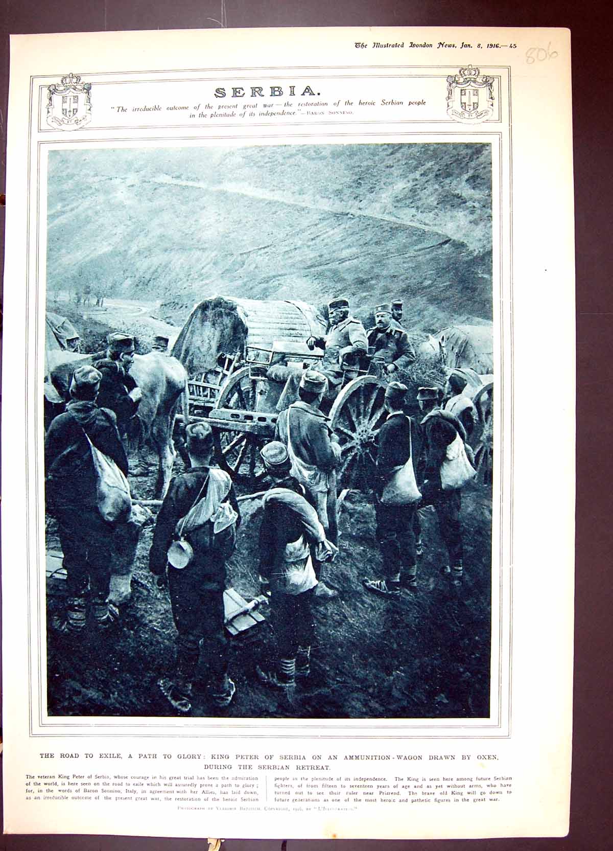 Old Antique Print 1916 Serbia King Peter Ammunition Wagon Oxen Siers War 20th