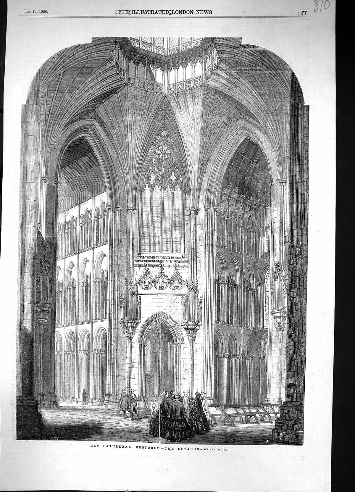 Original Old Antique Print 1856 Interior Ely Cathedral Octagon Architecture