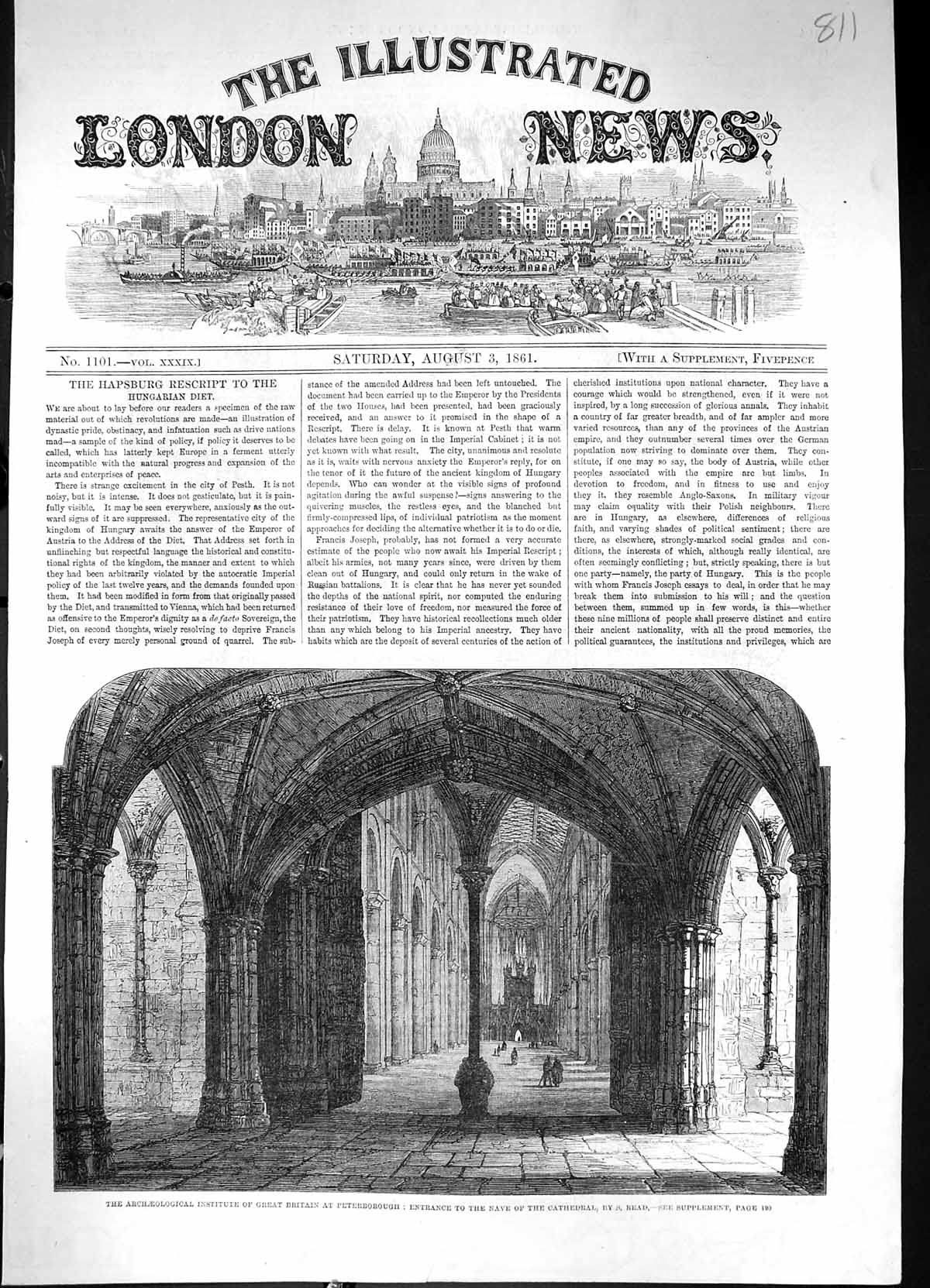 Old 1861 Archaeological Institute Britain Peterborough Nave Cathedral Victorian