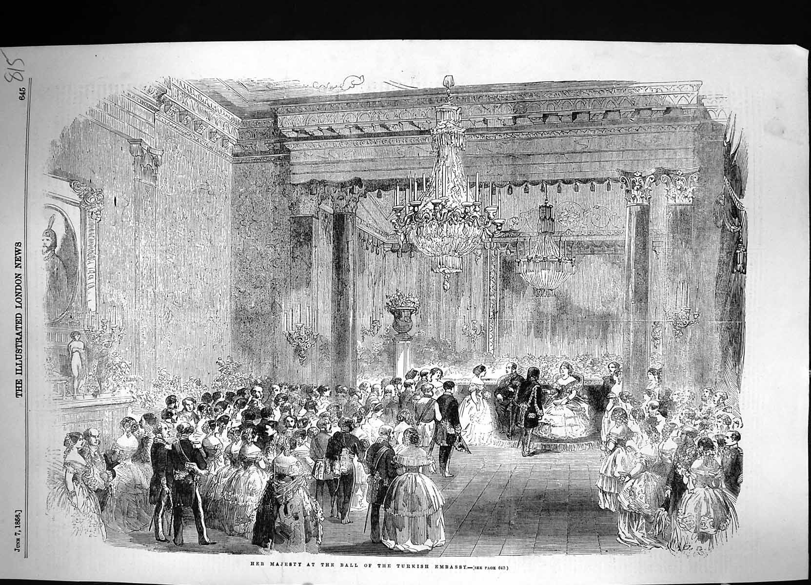 Original Old Antique Print 1856 Majesty Queen England Ball Turkish Embassy 19th
