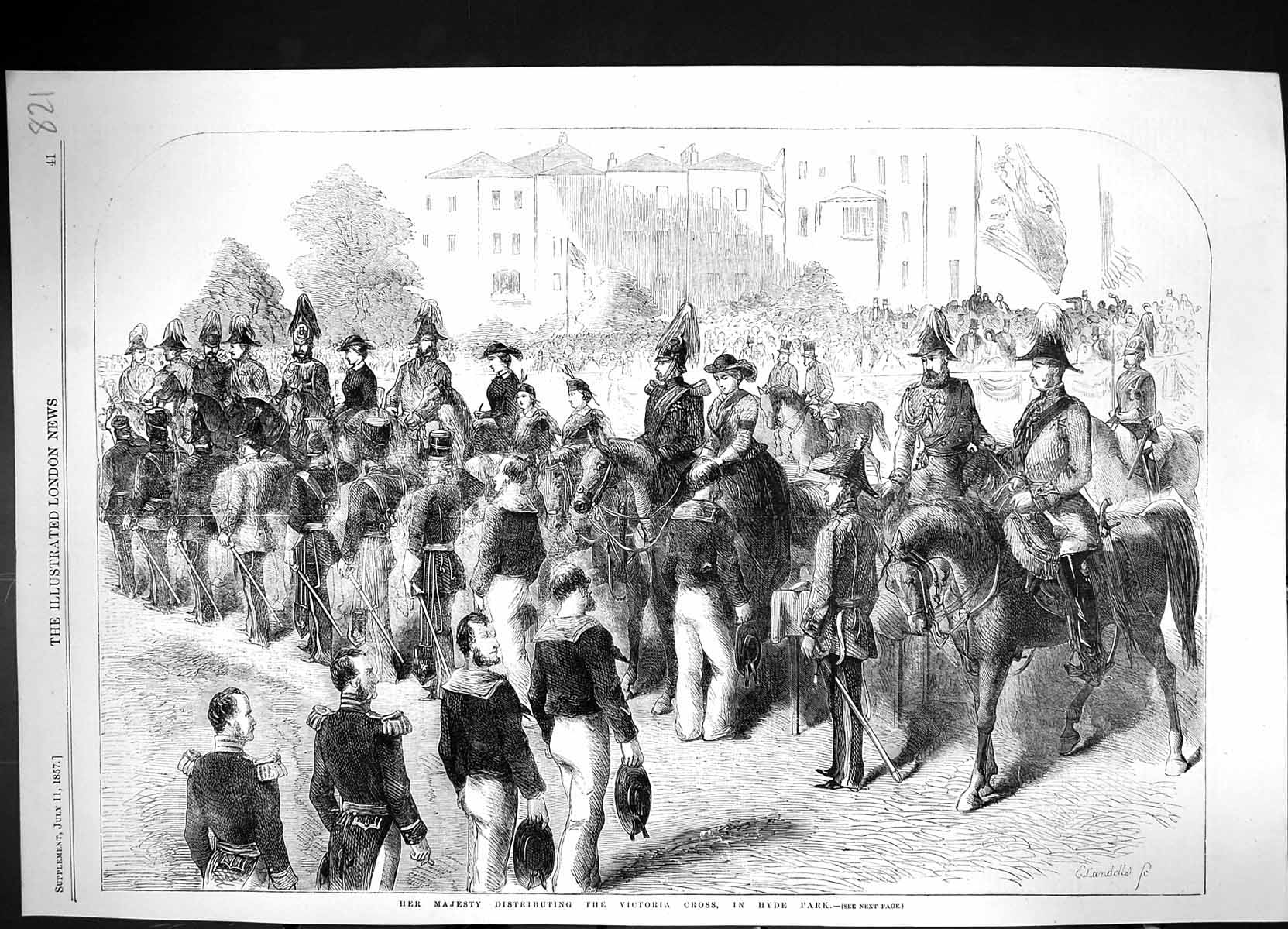 Old Print 1857 Majesty Queen Distributing Victoria Cross Hyde Park London 19th