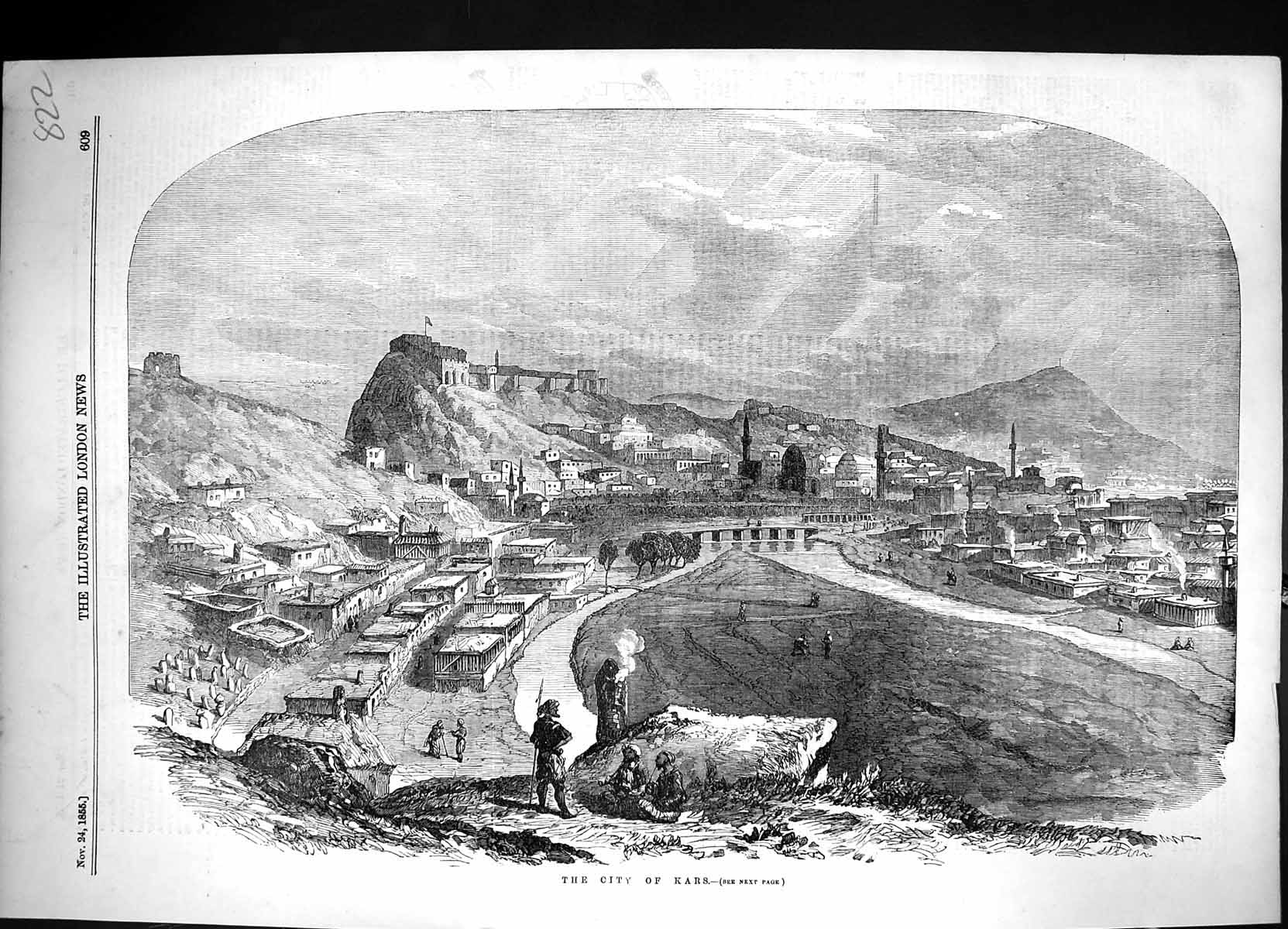 Original Old Antique Print 1855 View City Kars Turkey Mountains Buildings 19th