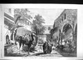 Original Old Antique Print 1855 Han Inn Smyrna Antolia Camels People Buildings