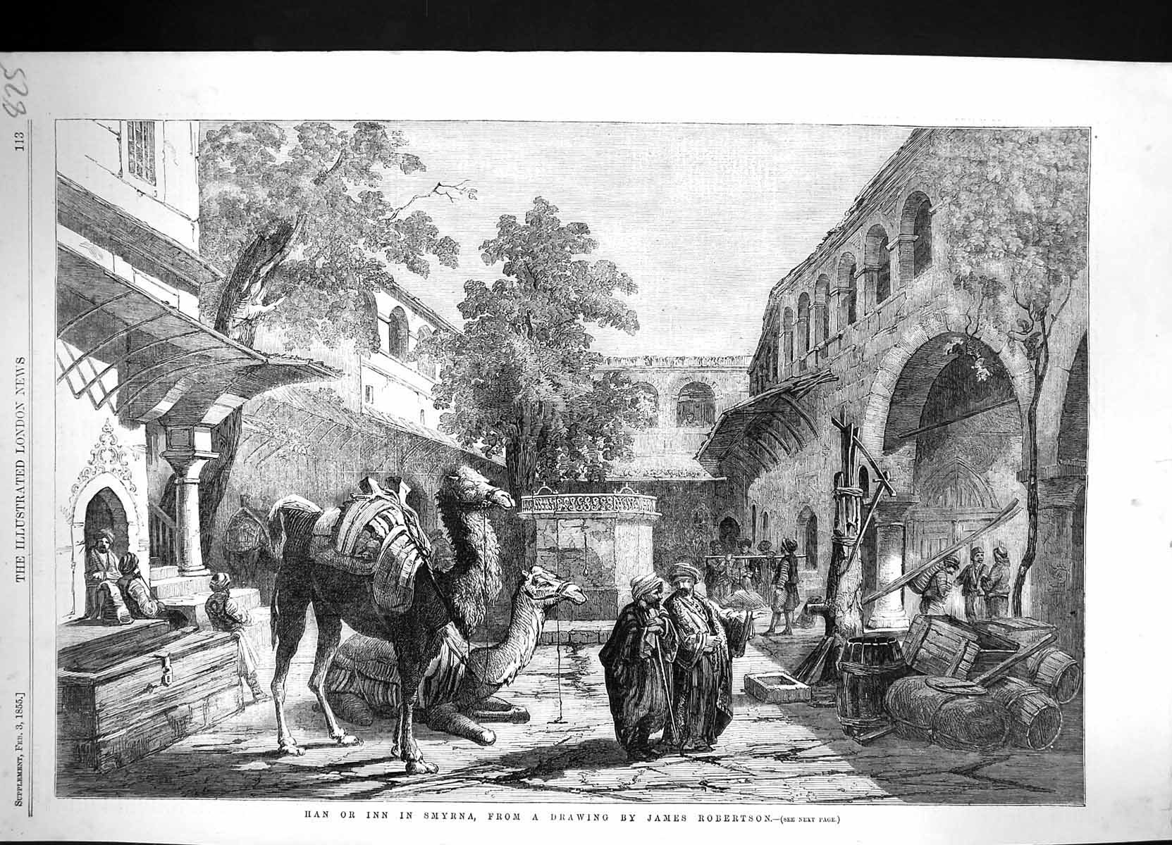Original Old Antique Print 1855 Han Inn Smyrna Antolia Camels People Buildings