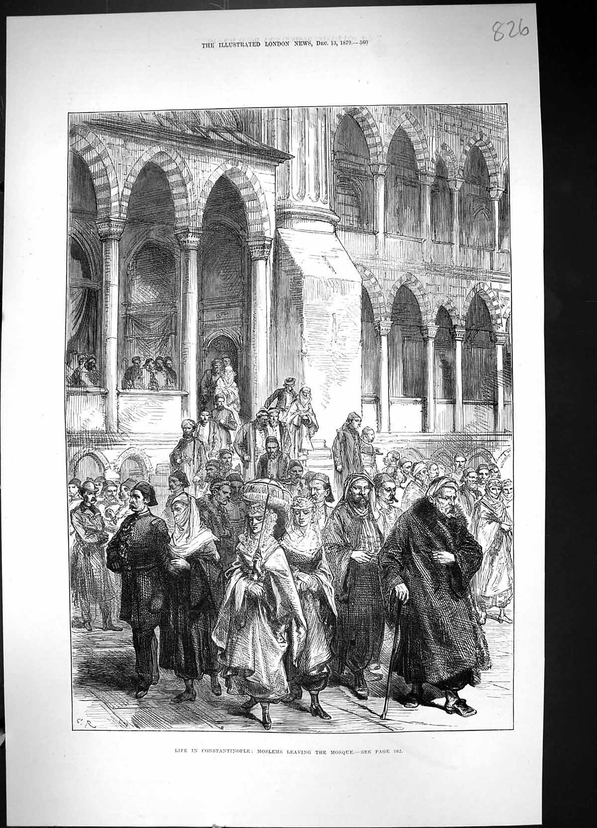Original Old Antique Print 1879 Constantinople Turkey Moslems Leaving Mosque