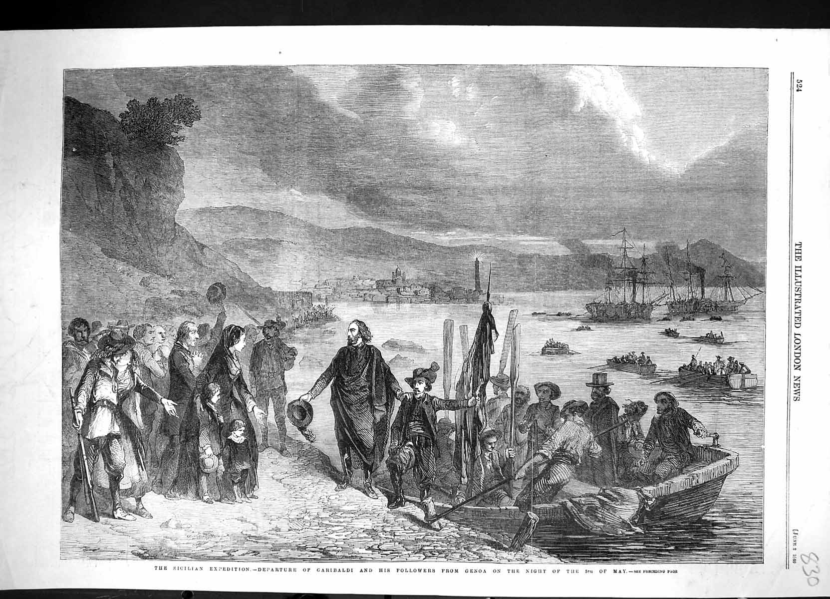Original Old Antique Print 1860 Departure Garibaldi Followers Genoa Ships Boats