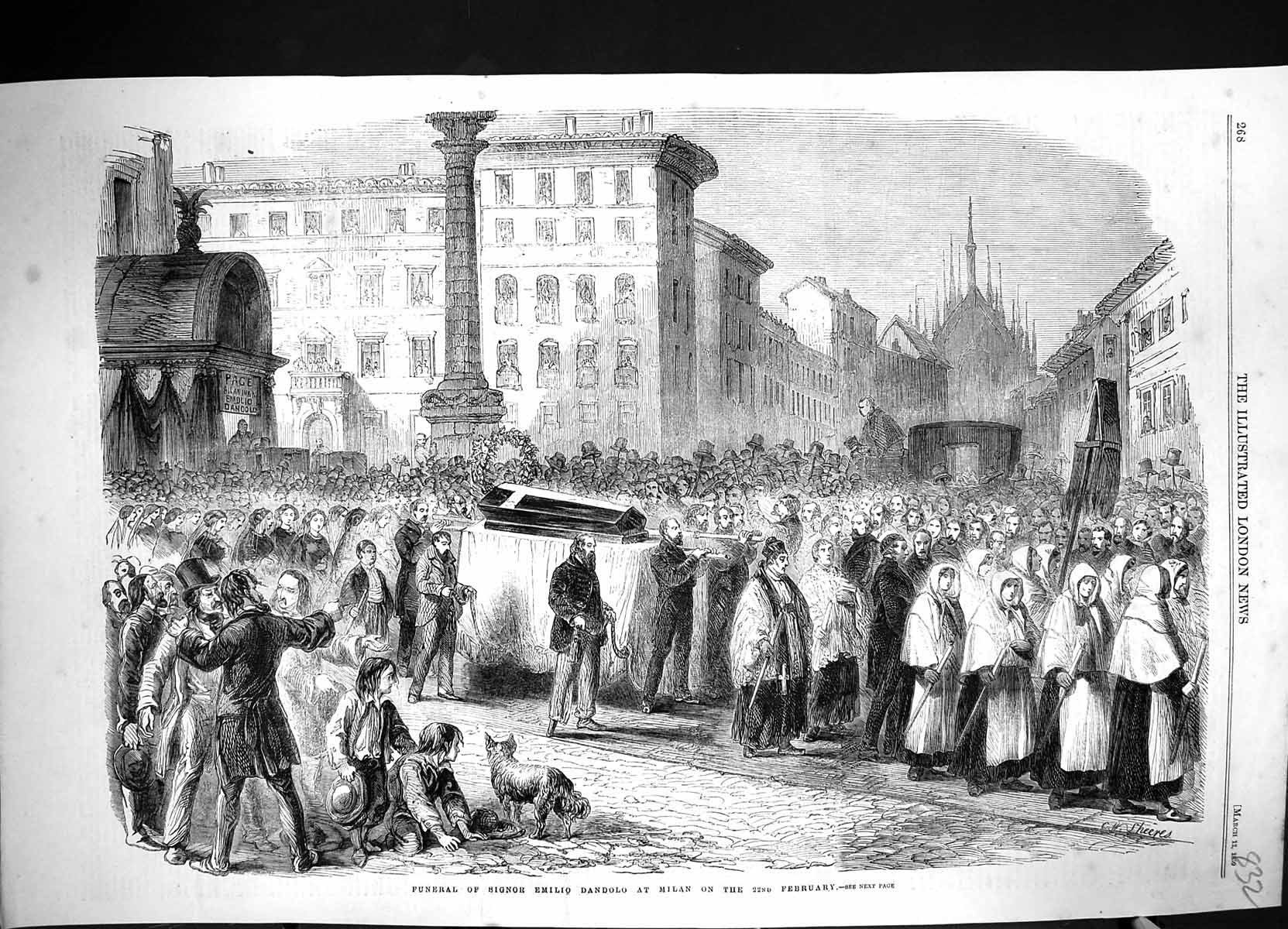 Antique Old Print 1859 Funeral Signor Emilio Dandolo Milan Italy Procession