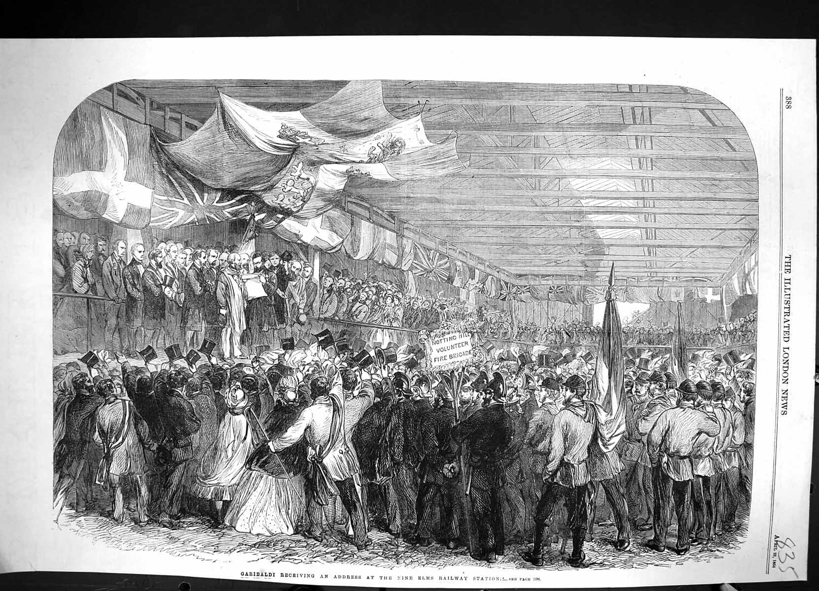 Antique Old Print 1864 Garibaldi Receiving Address Nine Elms Railway Station